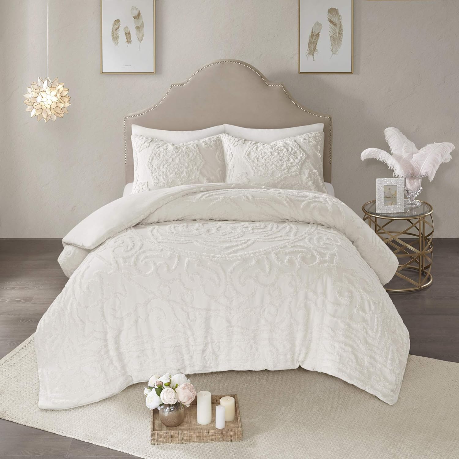 Madison Park Laetitia Comforter Bohemian Tufted Cotton Chenille, Medallion Shabby Chic All Season Down Alternative Bed Set with Matching Shams, Floral Off White Full/Queen(90