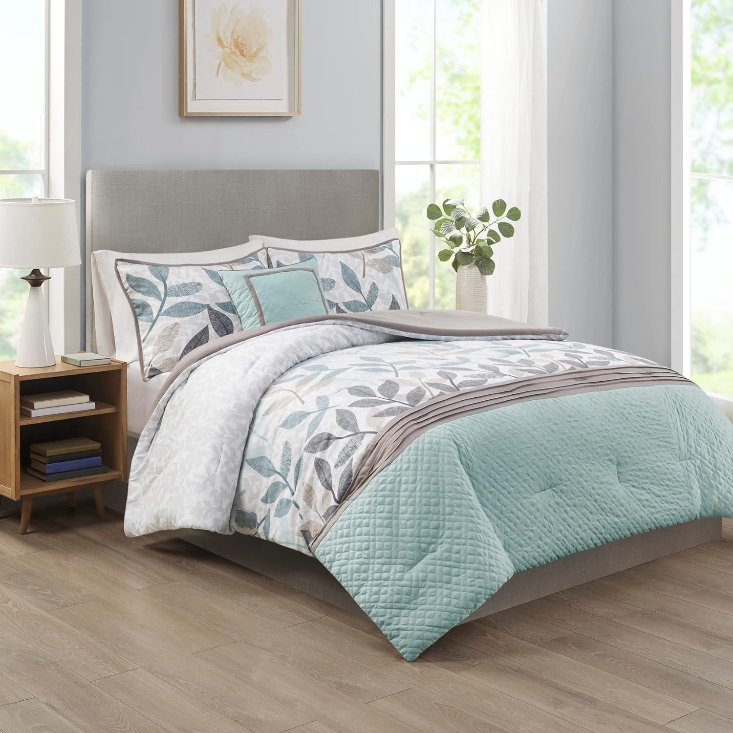 Madison Park Anders Comforter Set, Floral Botanical Leaves Print with Diamond Quilting Border, Modern Casual, All Season Bedding with Matching Sham, Decorative Pillow, Full/Queen, Aqua/Grey 4 Piece