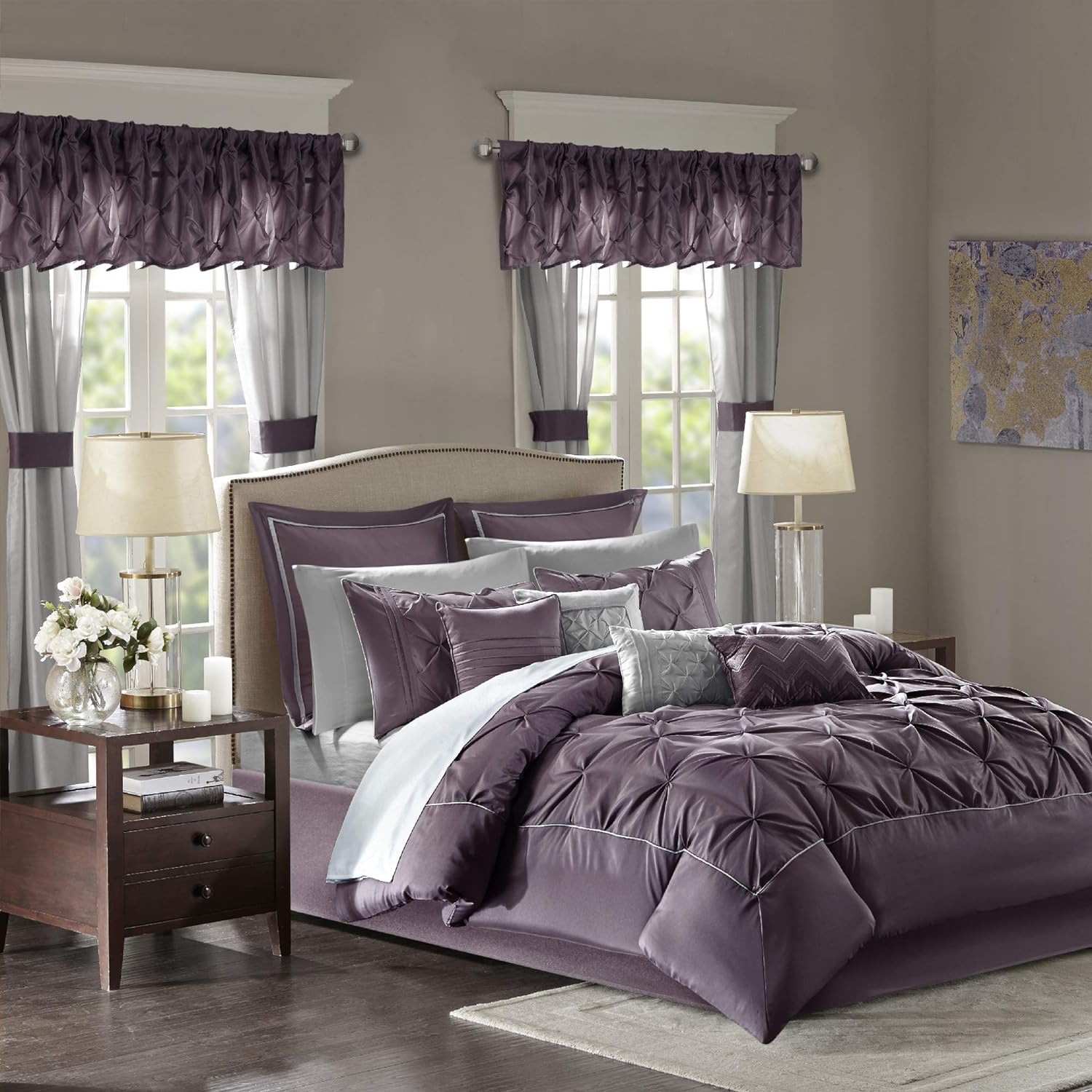 Madison Park Essentials Queen Comforter Set, 24 PieceÂ BeddingÂ WithÂ Matching Curtains, Decorative Pillows, Luxe Diamond Tufting , Room in a BagÂ JoellaÂ Collection, Plum Queen