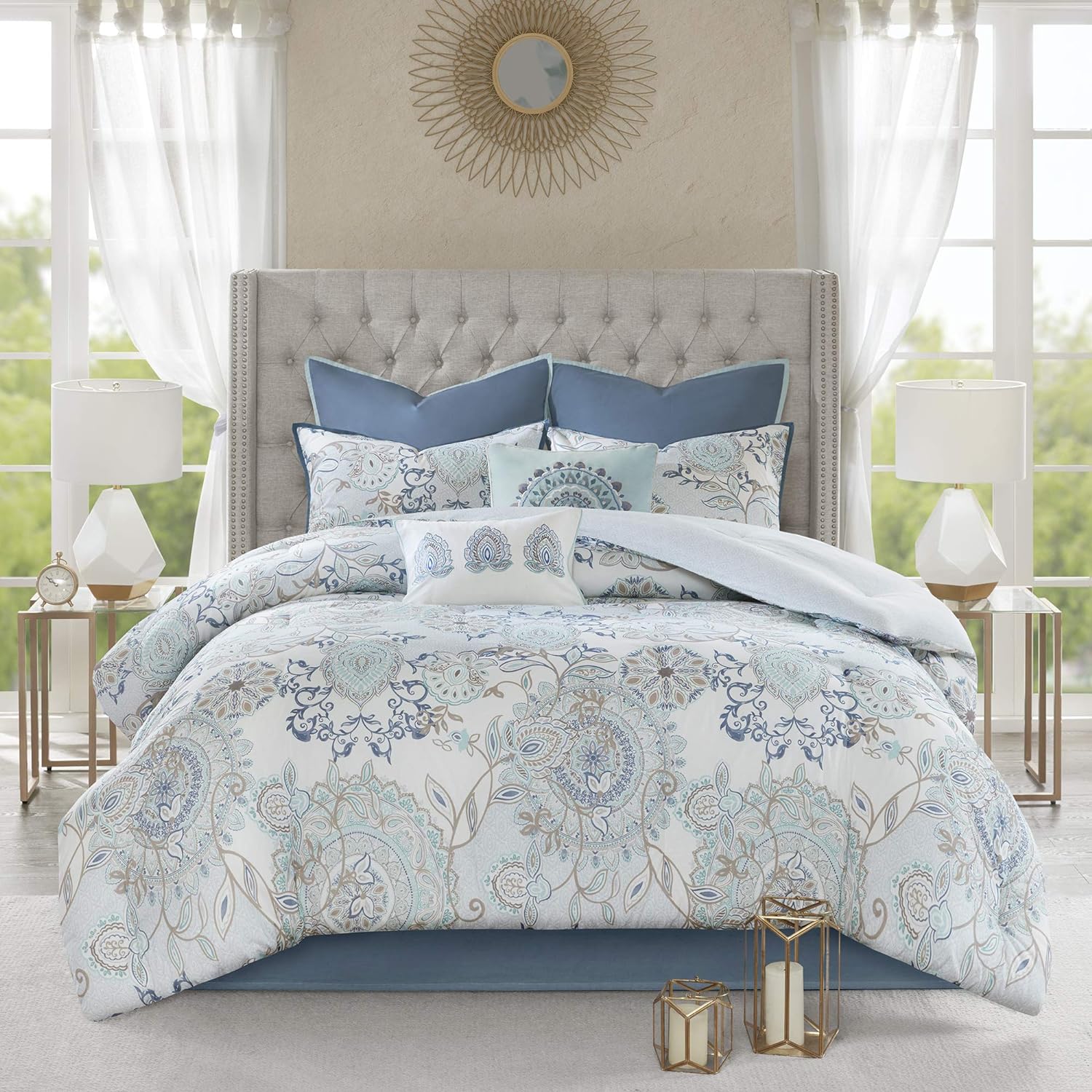 Madison Park Reversible 100% Cotton Comforter Season Set, Matching Bed Skirt, Decorative Pillows, Cal King(104