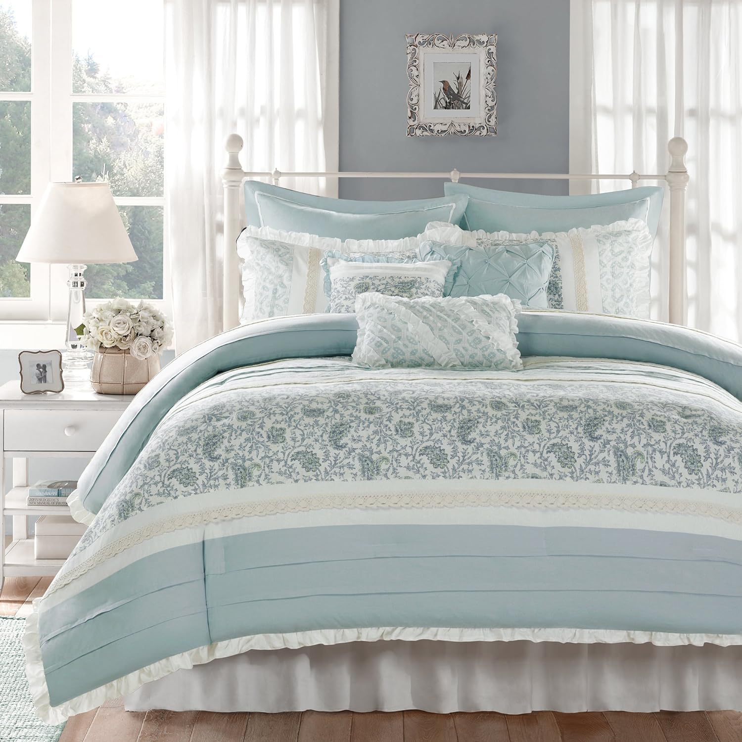 Madison Park Dawn 100% Cotton Shabby Chic Comforter Set-Modern Cottage Design All Season Down Alternative Bedding, Matching Shams, Bedskirt, Decorative Pillows, Queen(90