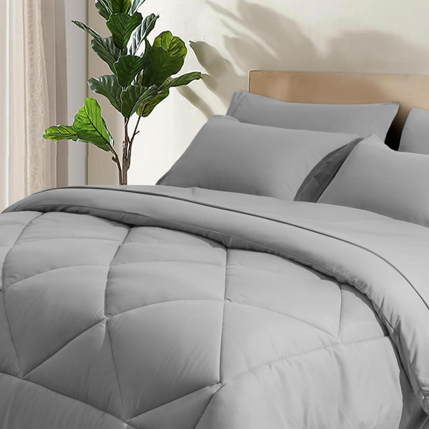 PHF 7 Pieces Queen Comforter Set Grey, Bed in a Bag Comforter & 18 Sheet Set All Season, Ultra Soft Noiseless Bedding Sets with Comforter, Sheets, Pillowcases & Shams