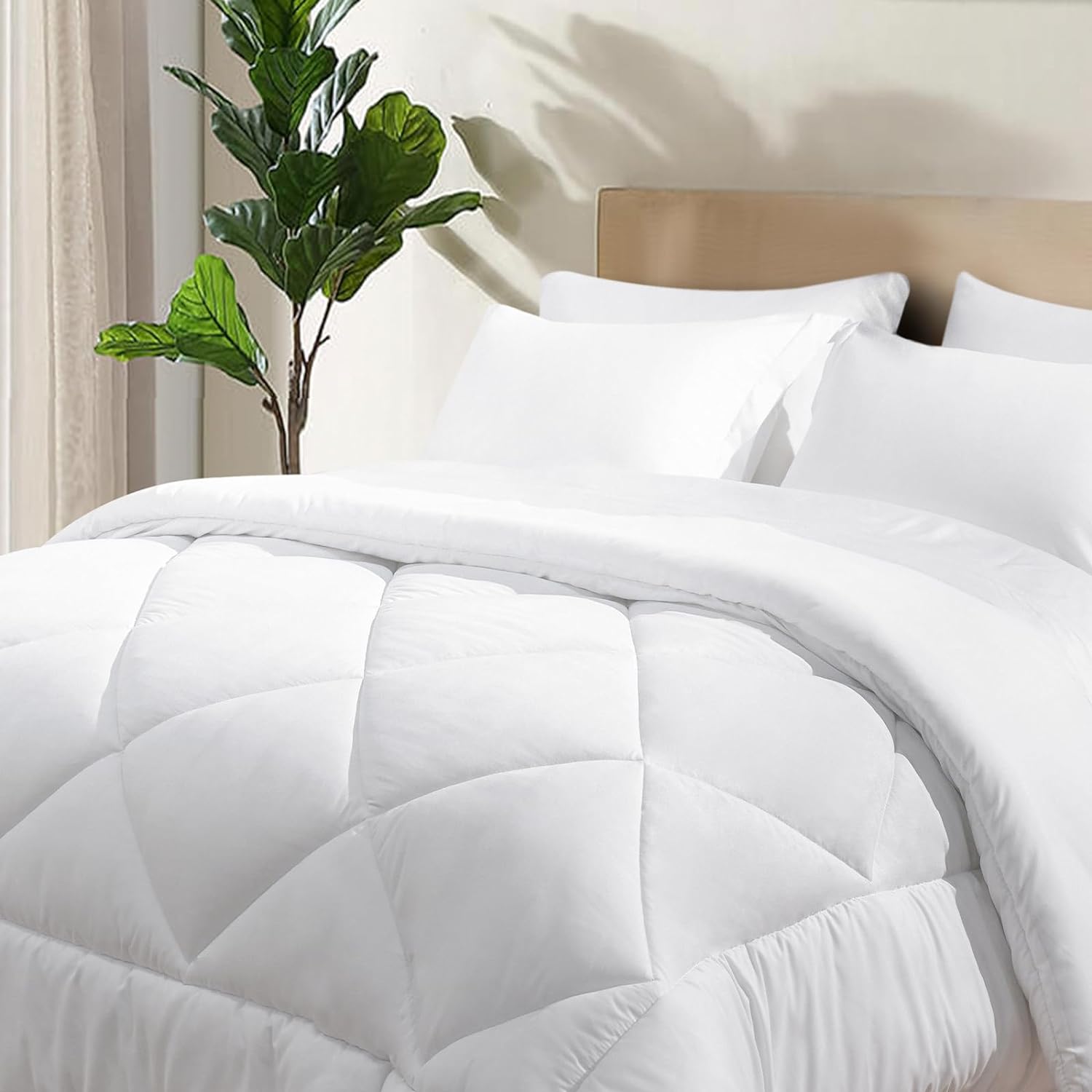 PHF 7 Pieces Queen Comforter Set White, Bed in a Bag Comforter & 18 Sheet Set All Season, Ultra Soft Noiseless Bedding Sets with Comforter, Sheets, Pillowcases & Shams