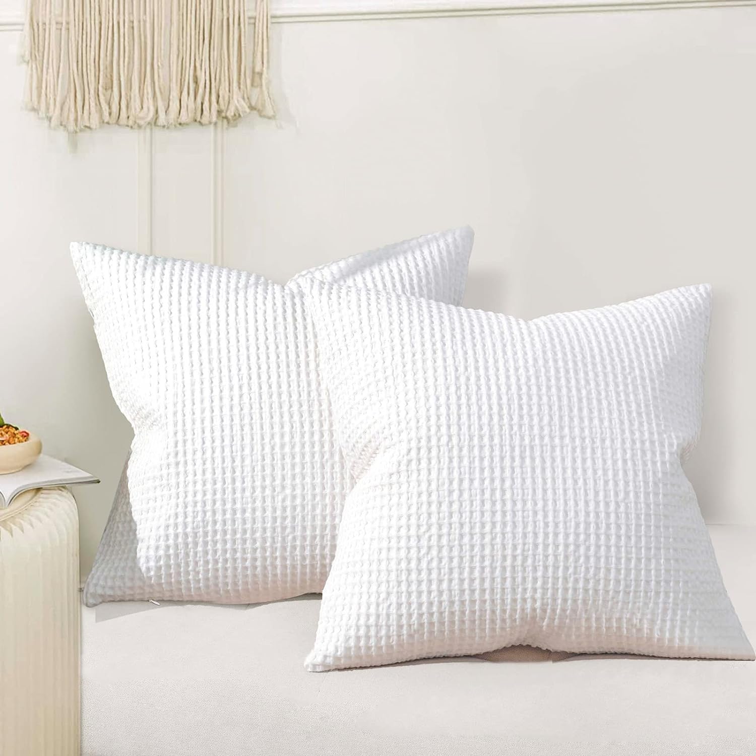 PHF 100% Cotton Waffle Weave Euro Shams 26 x 26, No Insert, 2 Pack Elegant Home Decorative Euro Throw Pillow Covers for Bed Couch Sofa, White