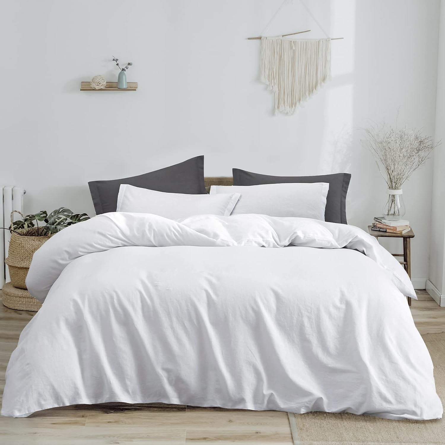 PHF Linen Duvet Cover Set Queen, Upgraded French Linen Blend Duvet Cover Set, Comfy Elegant Comforter Cover Set for Hot Sleepers, 1 Duvet Cover and 2 Pillowshams, 90x 92, Pure White