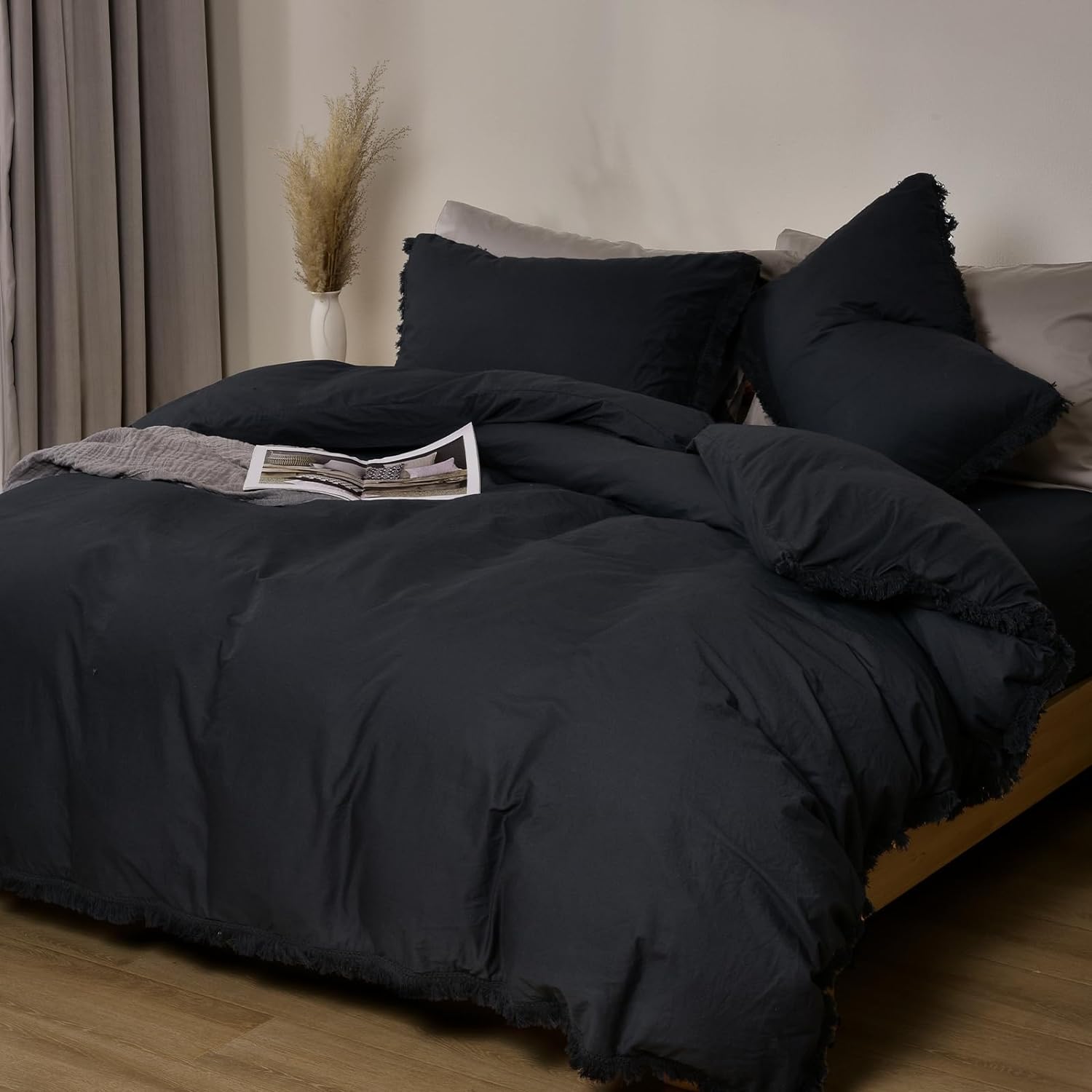 PHF 100% Washed Cotton Duvet Cover King Size, Ultra Soft Cotton Linen Tassel Like Duvet Cover Set, 3pcs Breathable Durable Duvet Cover with Pillowcases for All Seasons, 104x90, Black