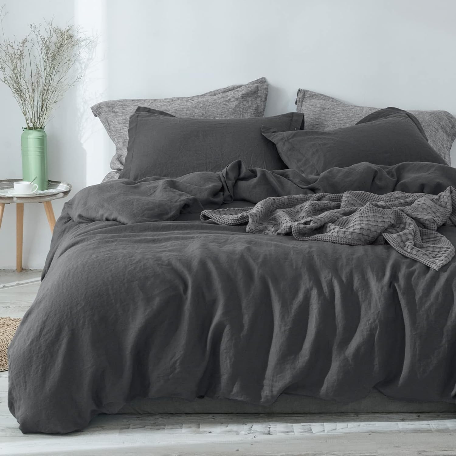 PHF 100% Linen Duvet Cover Set King, Washed Soft French Flax Linen Comforter Cover, Breathable Durable Cooling Duvet Cover for Hot Sleepers, 1 Duvet Cover and 2 Pillowshams, 106x 92, Charcoal