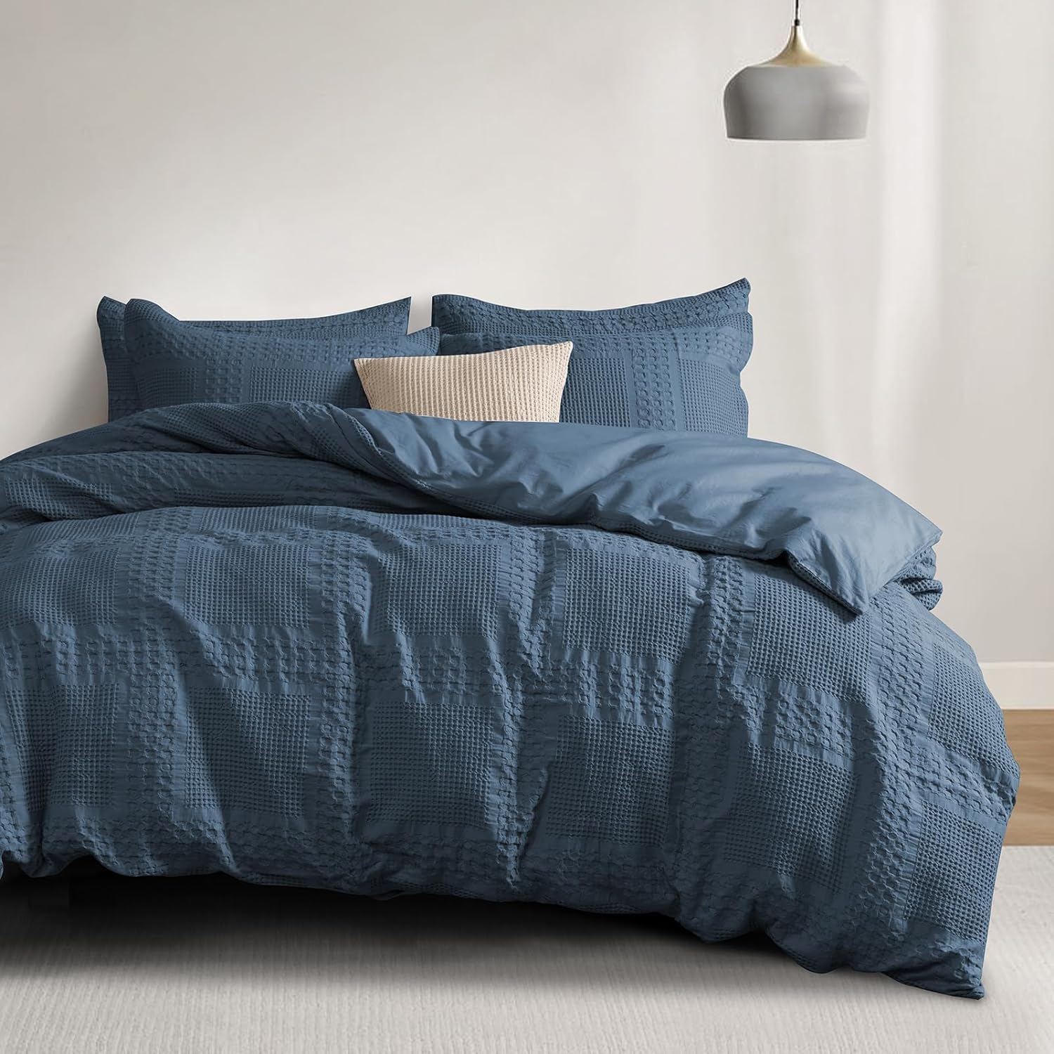 PHF 100% Cotton Duvet Cover Queen Size, Waffle Weave Duvet Cover Set for All Season, Pre-Washed Soft Decorative Textured Duvet Cover with Pillow Shams Bedding Collection, 90x92, Navy Blue