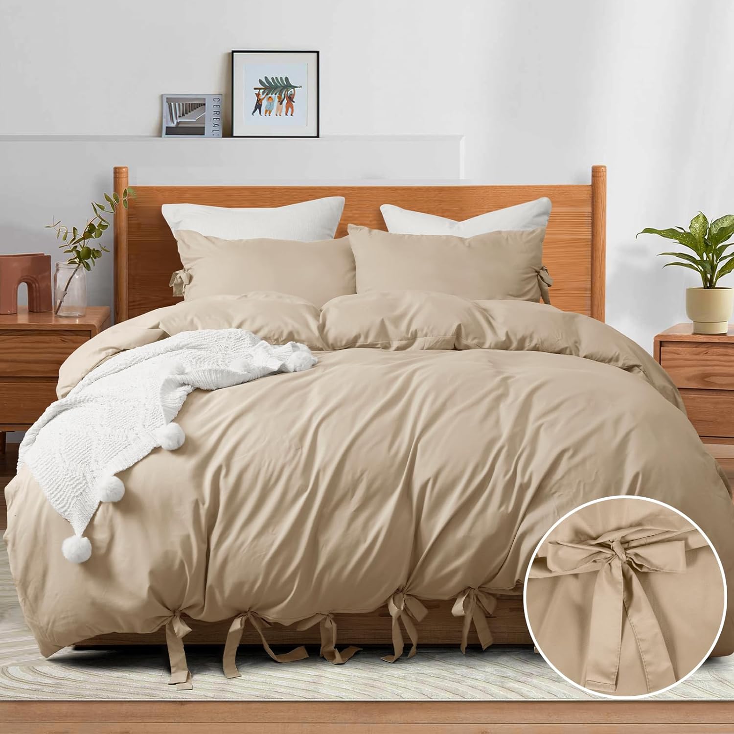 PHF Khaki Duvet Cover Queen Size, Comfy Lightweight Skin-Friendly Comforter Cover Set with Bowknot Bow Ties, Soft Durable Bedding Collection with 2 Pillowcases for All Season, 90 x 90