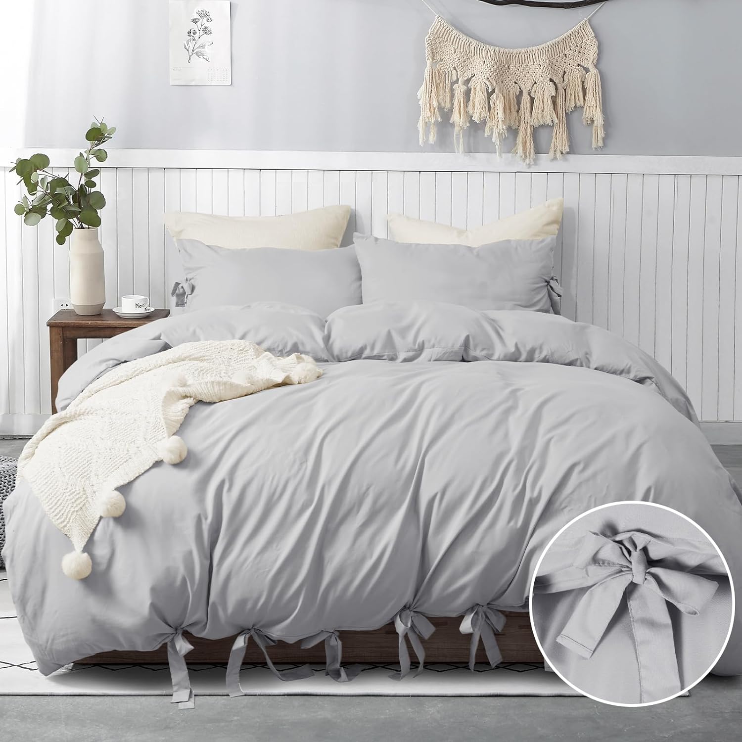 PHF Grey Duvet Cover Queen Size, Comfy Lightweight Skin-Friendly Comforter Cover Set with Bowknot Bow Ties, Soft Durable Bedding Collection with 2 Pillowcases for All Season, 90 x 90