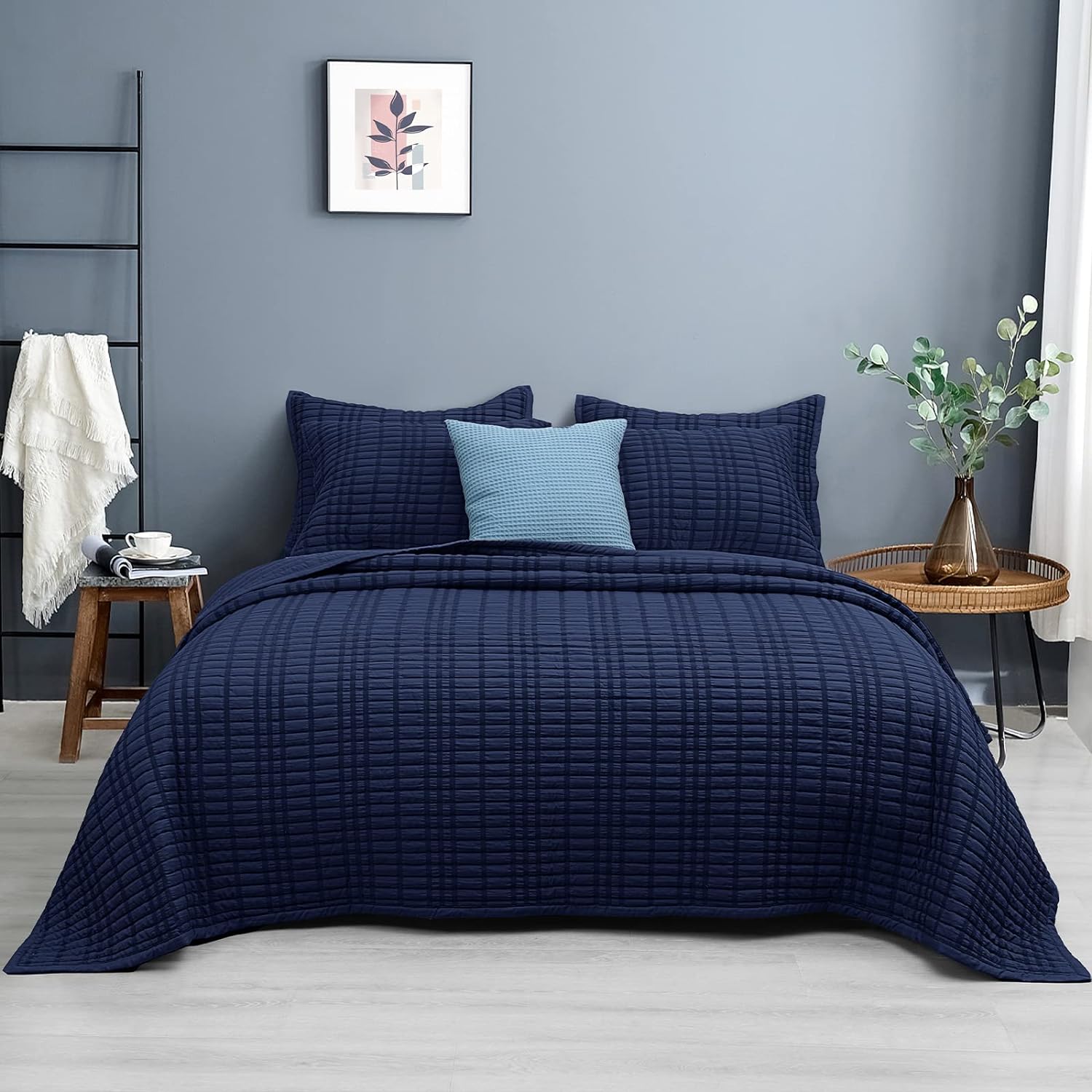 PHF Seersucker Quilt Set Full/Queen Size, Drop Nicely, 3PCS Washed Soft Bedspread, Modern Stylish for All Season, 1 Lightweight Textured Stripe Coverlet and 2 Pillow Cases, Navy Blue