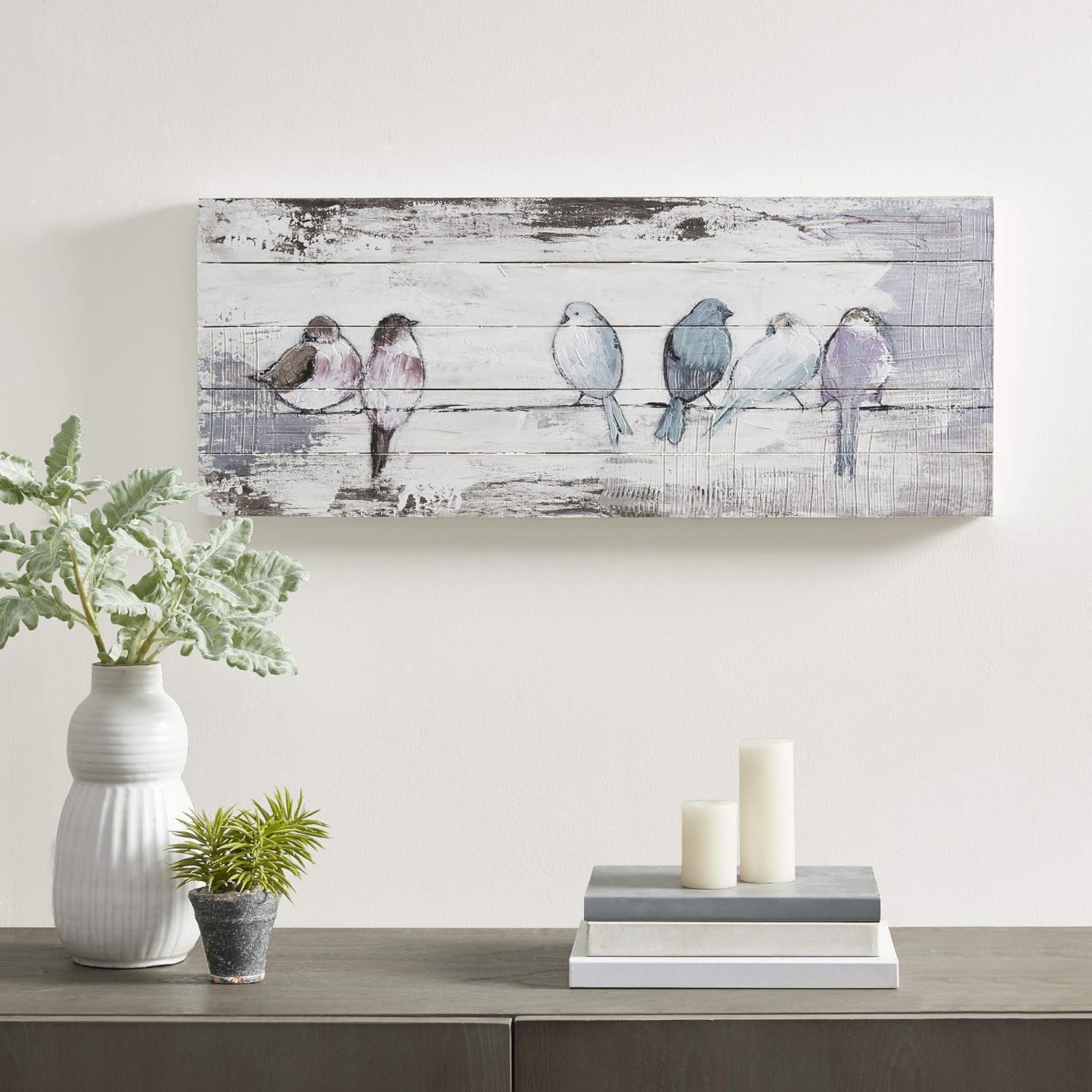 Madison Park Perched Birds Wall Art Living Room DÃ©cor - Hand Painted Wood Plank, Home Accent Farmhouse Bathroom Decoration White/Grey,30