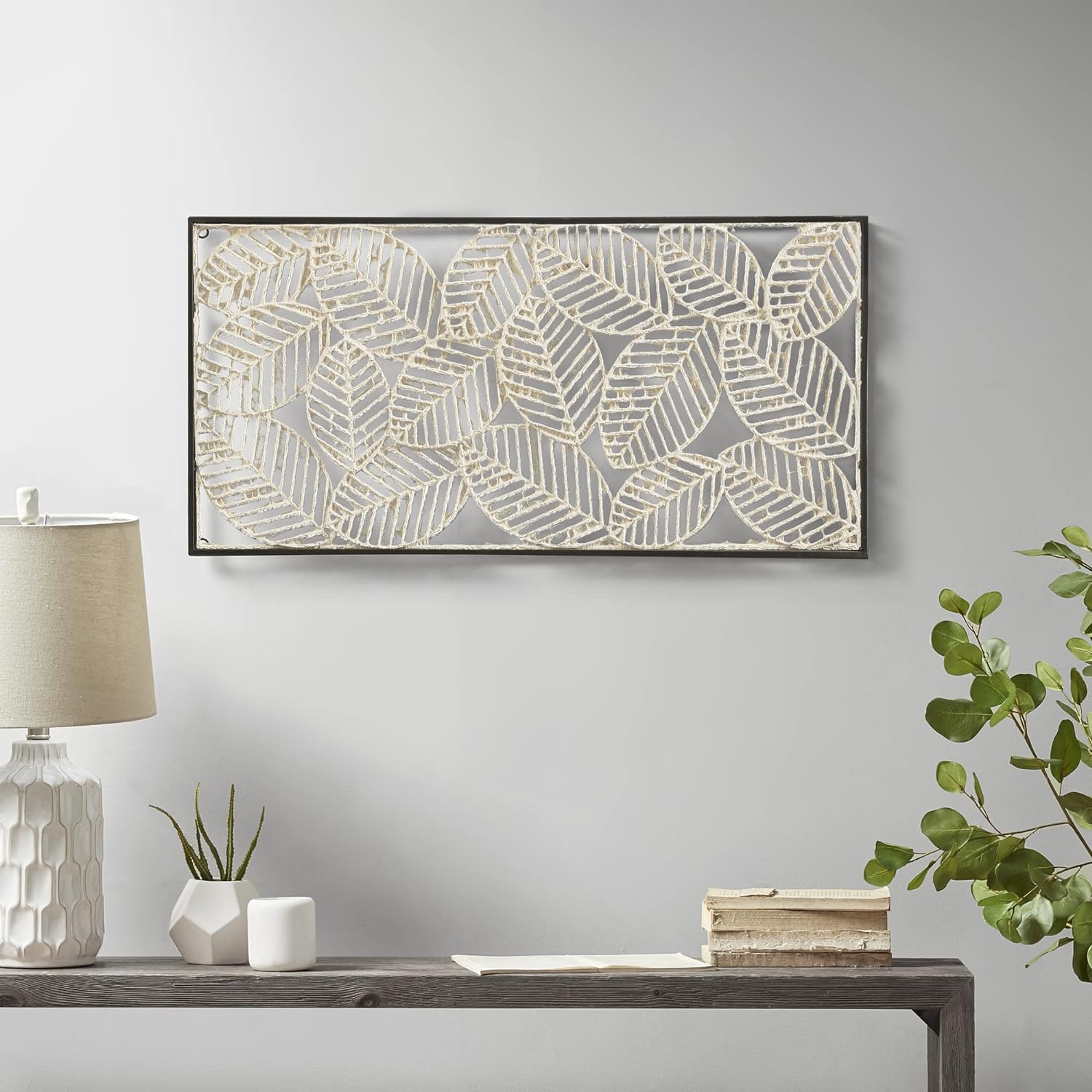 Madison Park Wall Art Living Room Dcor Leaves Paper Cloaked with Metal Frame, Home Accent Modern Inspired Dining, Bathroom Decoration Ready to Hang Panel for Bedroom, 31.89 W x 15.94 H, Natural