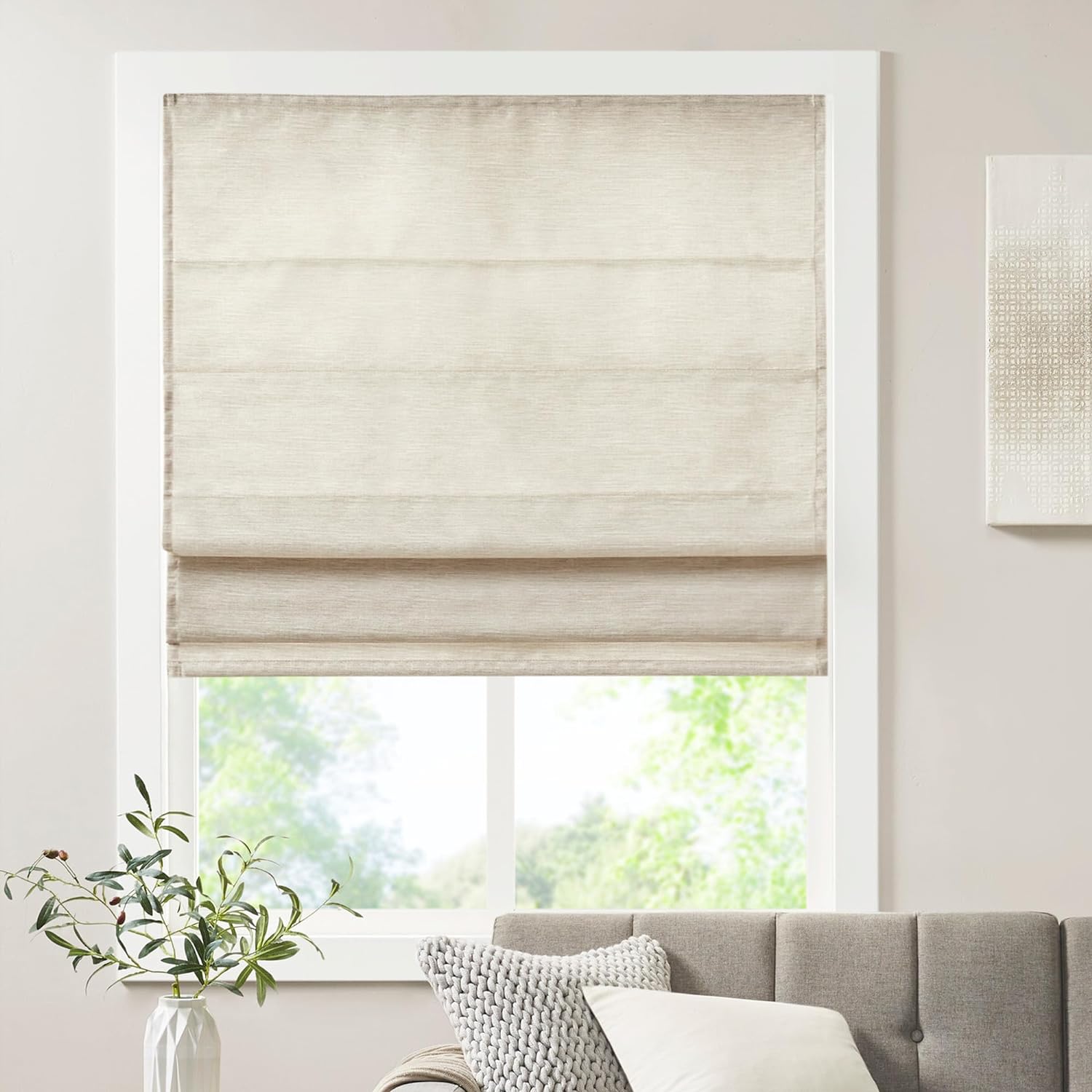 Madison Park Cordless Roman Shades - Fabric Privacy Single Panel Darkening, Energy Efficient, Thermal Insulated Window Blind Treatment, for Bedroom, Living Room Decor, 35x64, Como, Ivory