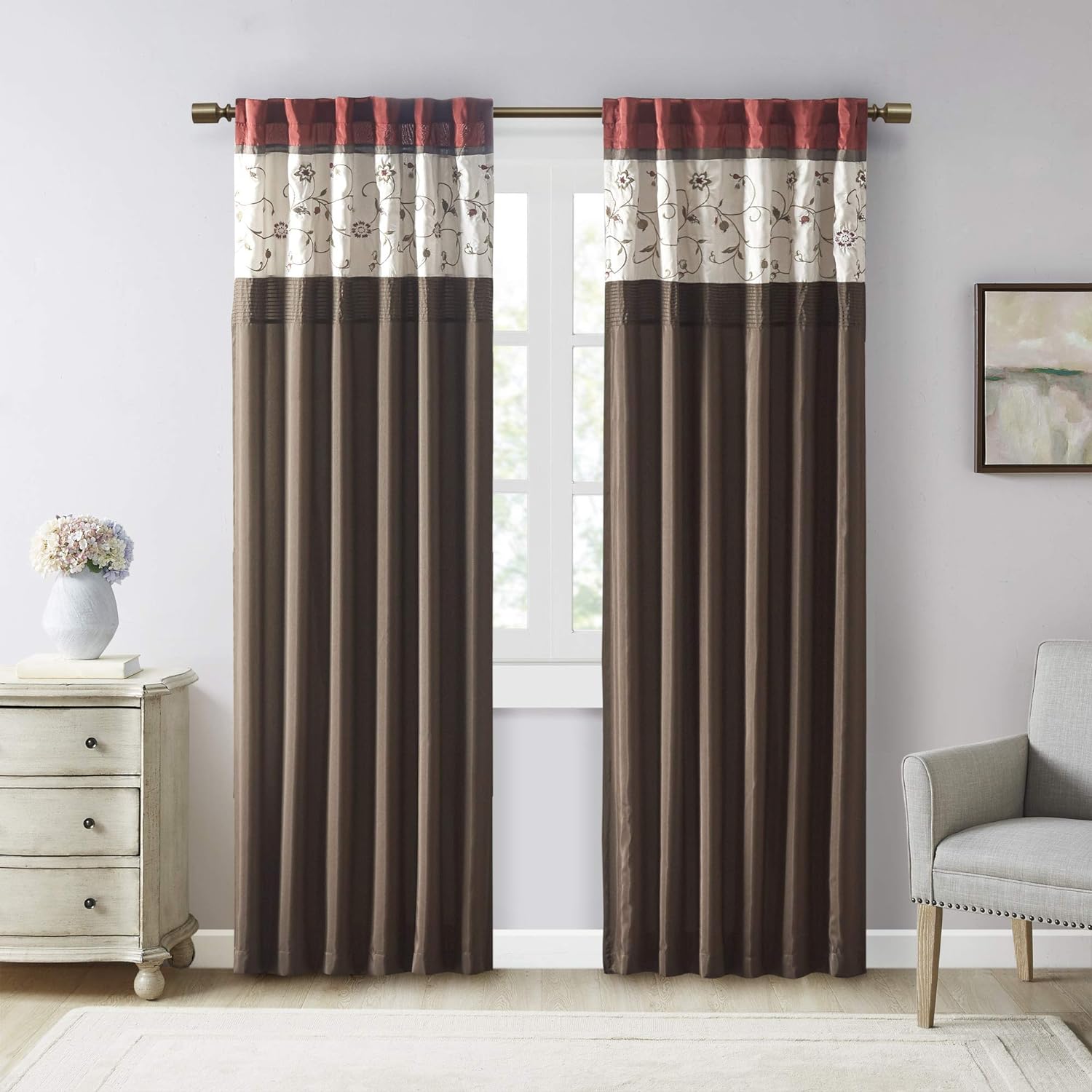 Madison Park Serene Embroidered Light Filtering Treatment Curtain Rod Pocket/Back Tab Single Window Panel Drape for Bedroom Livingroom and Dorm, 50x84