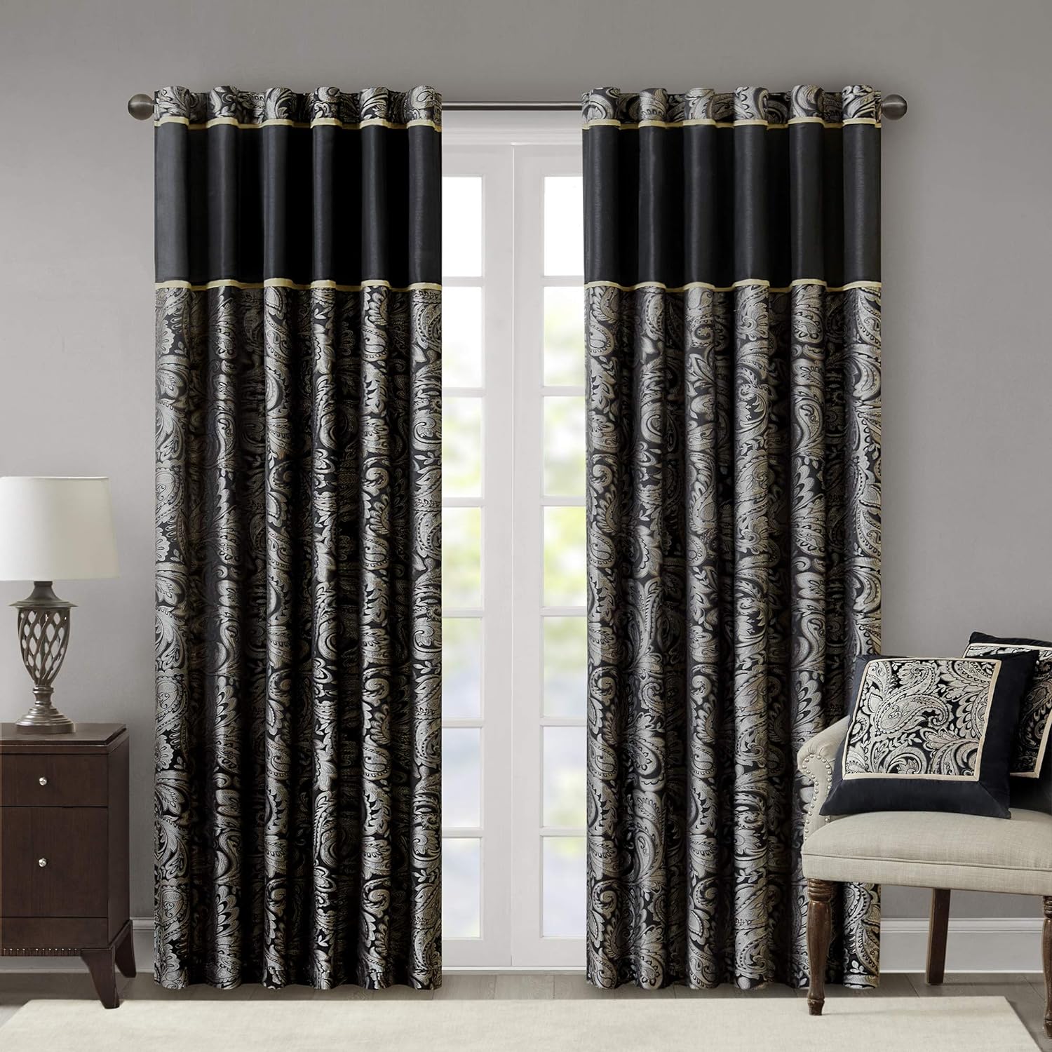 Madison Park Black Curtains For Living Room , Traditional Back Tab Curtains For Bedroom , Aubrey Jacquard Rod Pocket Window Curtains , 50x84