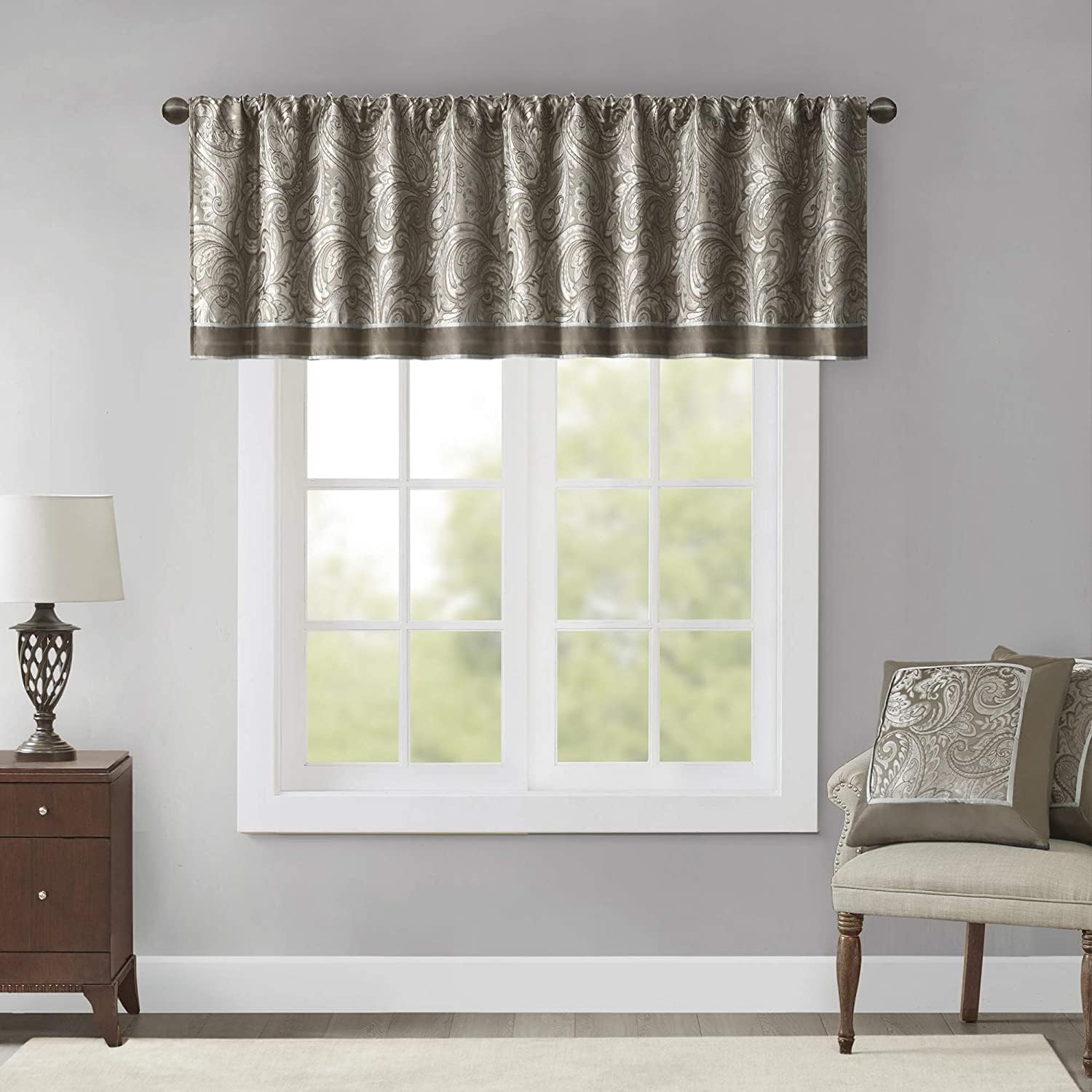 Madison Park Aubrey Jacquard Rod Pocket Valance , Classic Elegant Silk Paisley Valances for Windows , 50X18