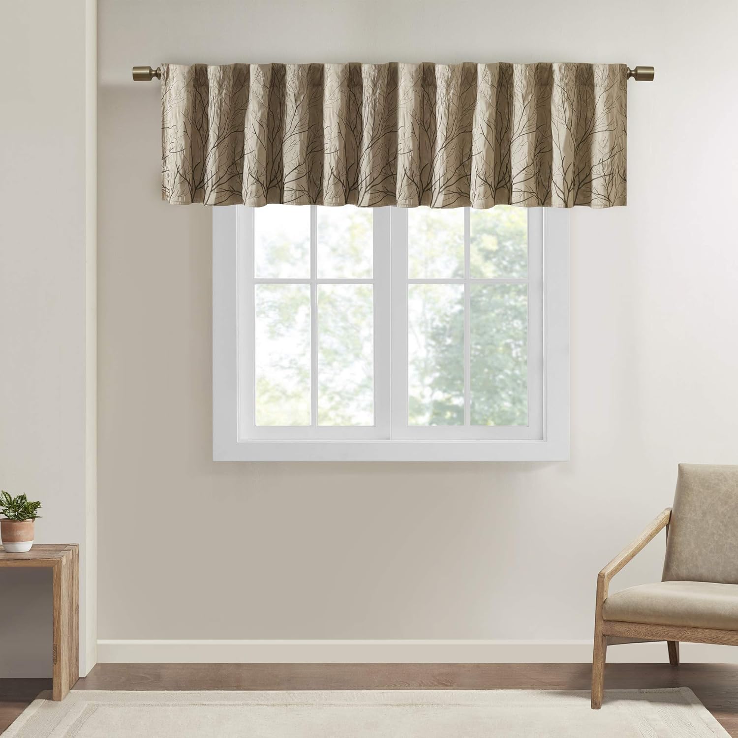 Madison Park Andora Embroidered Rod Pocket Valance, Tree Small Faux Silk Valances for Window, 50 x 18, Tan