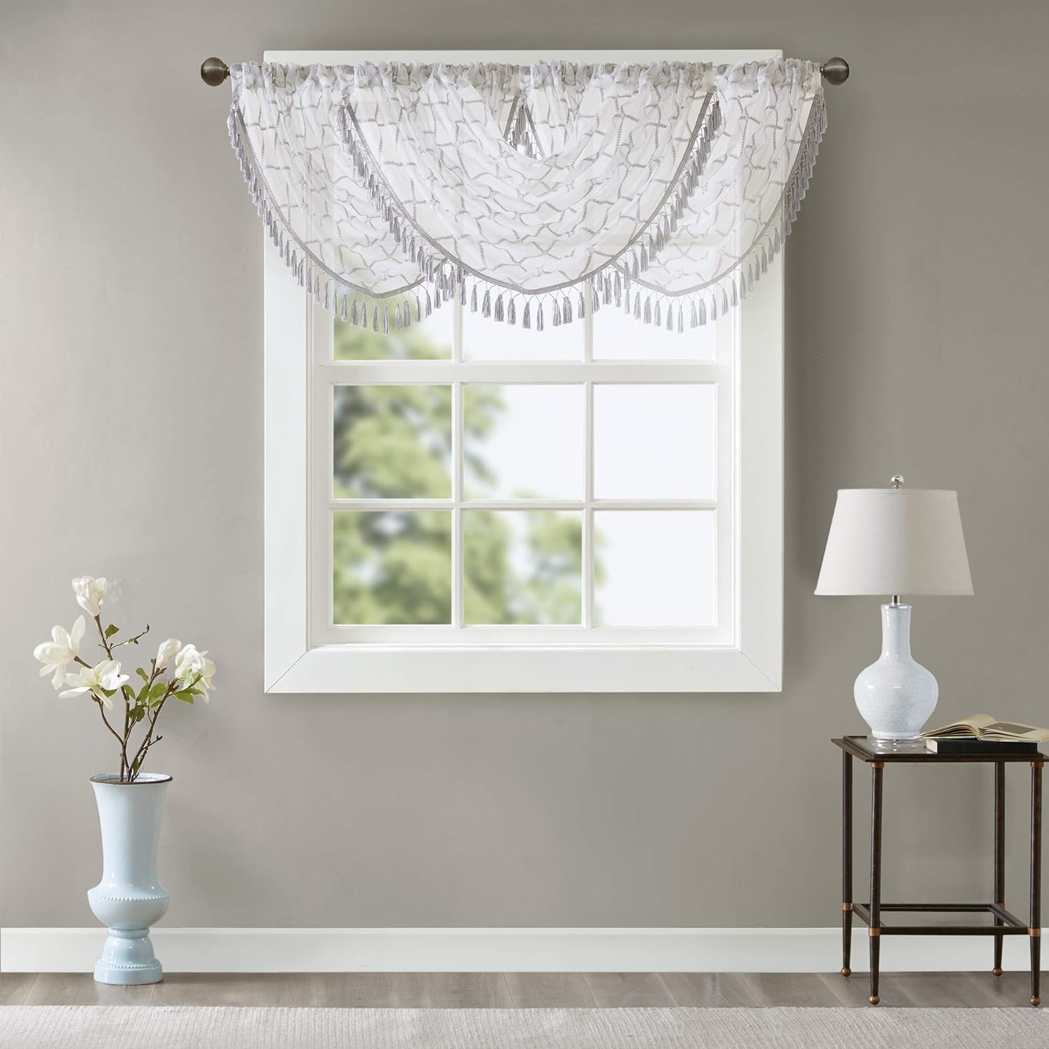 Madison Park Irina Diamond Sheer Embroidered Ascot Grey Window Valance , Elegant Pattern-Rod Pocket Valances for Windows , 38