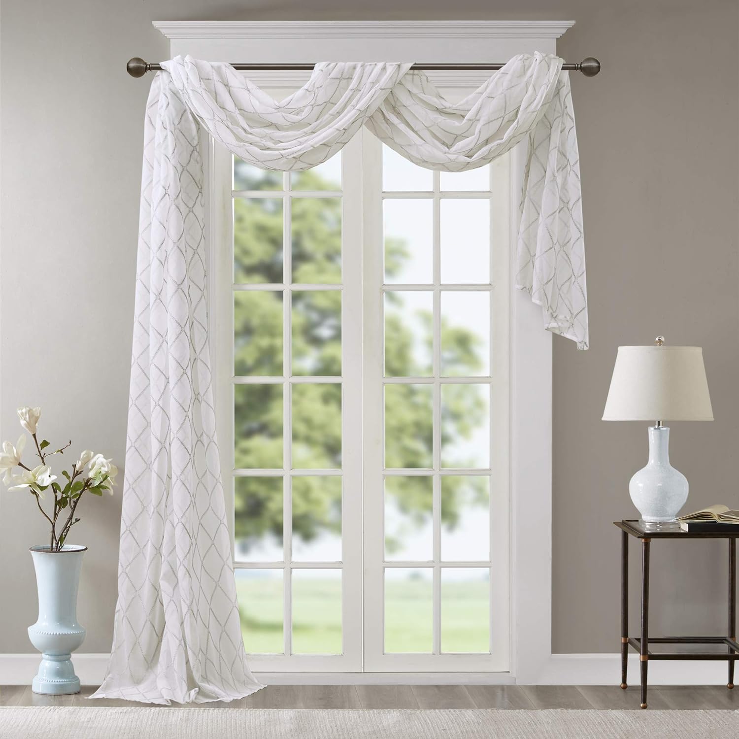 Madison Park Irina Sheer Embroidered Single Curtain Scarf For Kitchen, Transitional Fabric Extra Long Sheers Curtain For Living Room, 1-Panel Pack, 50x216, White/Grey