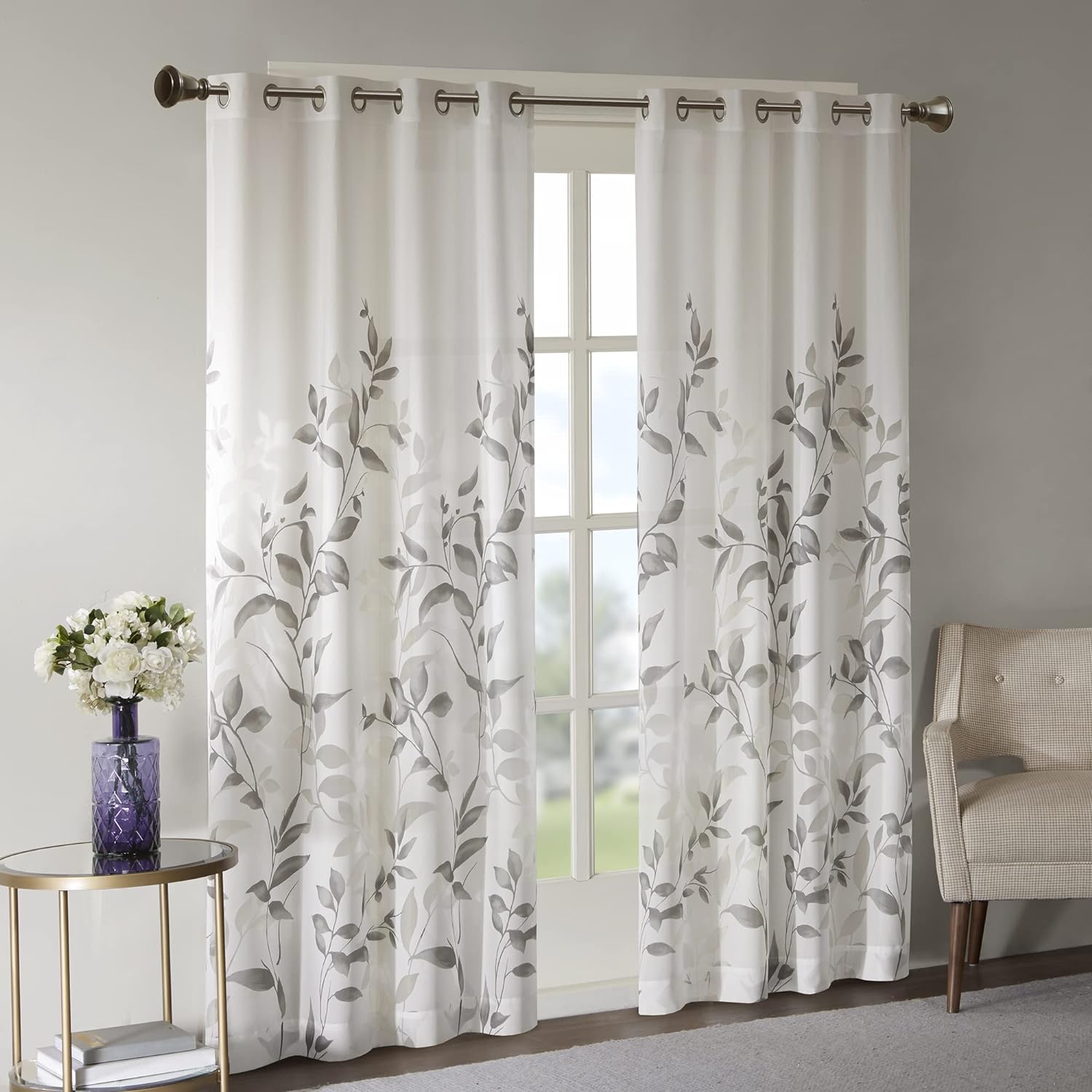 Madison Park Cecily Semi Sheer SINGLE Panel Window Curtain Burnout Botanical Print, Easy To Hang, Fits up to 1.25