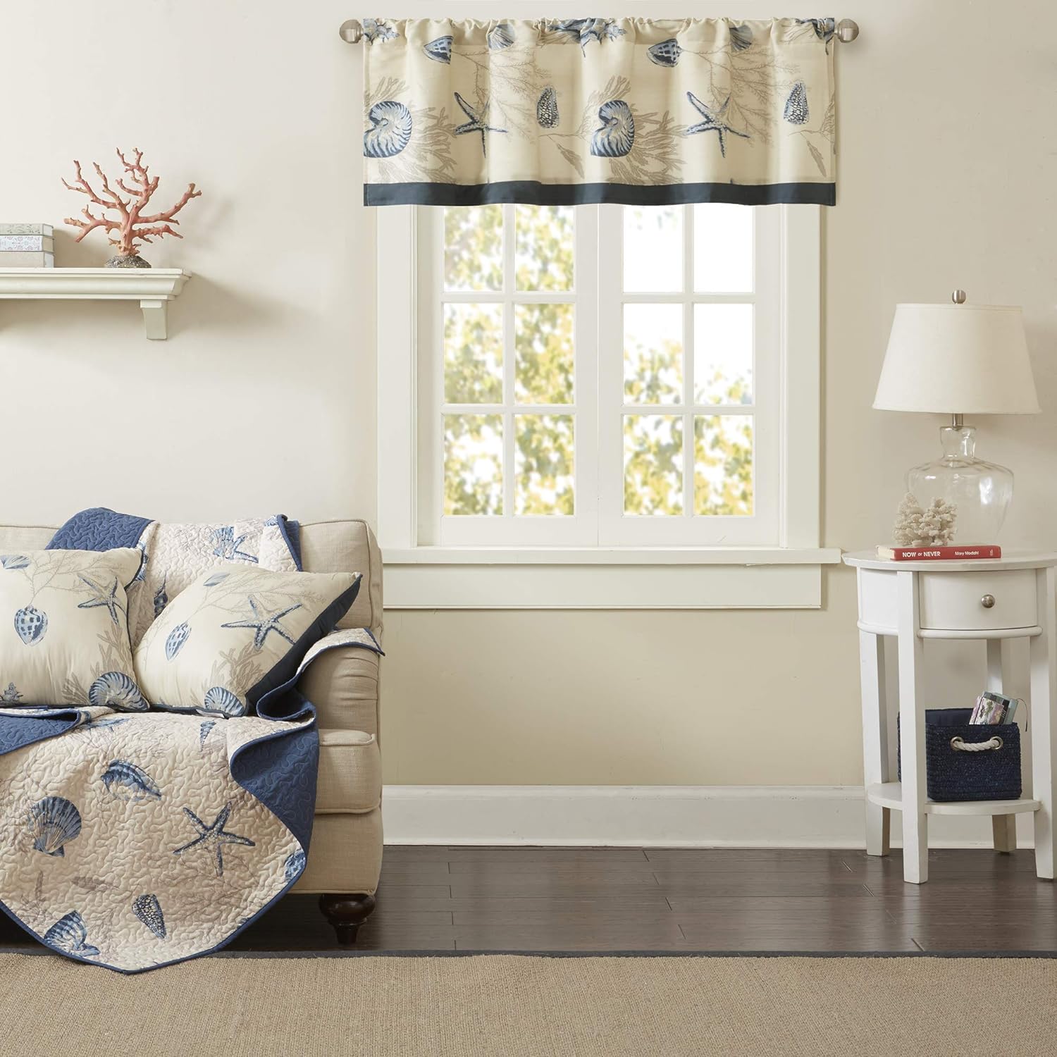 Madison Park Bayside Printed Ivory Navy Window Valance , Cotton Printed Rod Pocket Valances for Windows , 50X18