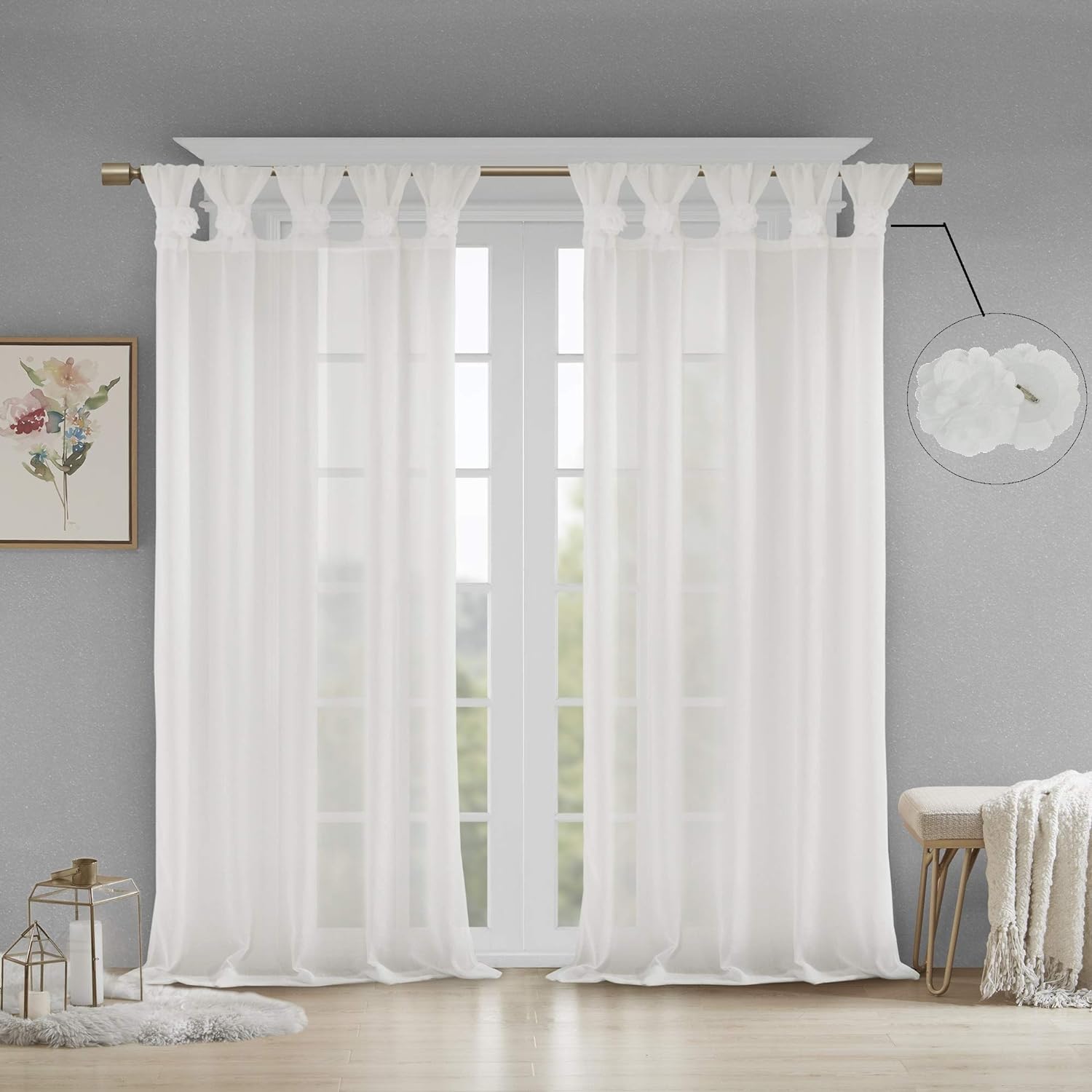 Madison Park Rosette Floral Embellished Cuff Tab Top Solid Window Treatments Single Curtain Panel Drape for Bedroom Living Room and Dorm, 50x84, White