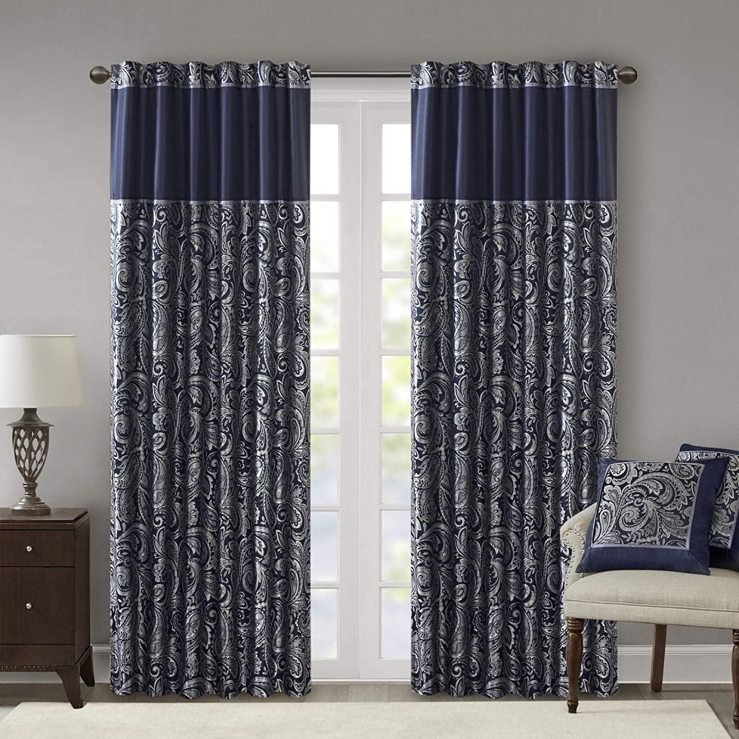 Madison Park - MP40-4896 Aubrey Faux Silk Paisley Jacquard, Rod Pocket Curtain with Privacy Lining for Living Room, Kitchen, Bedroom and Dorm, 50