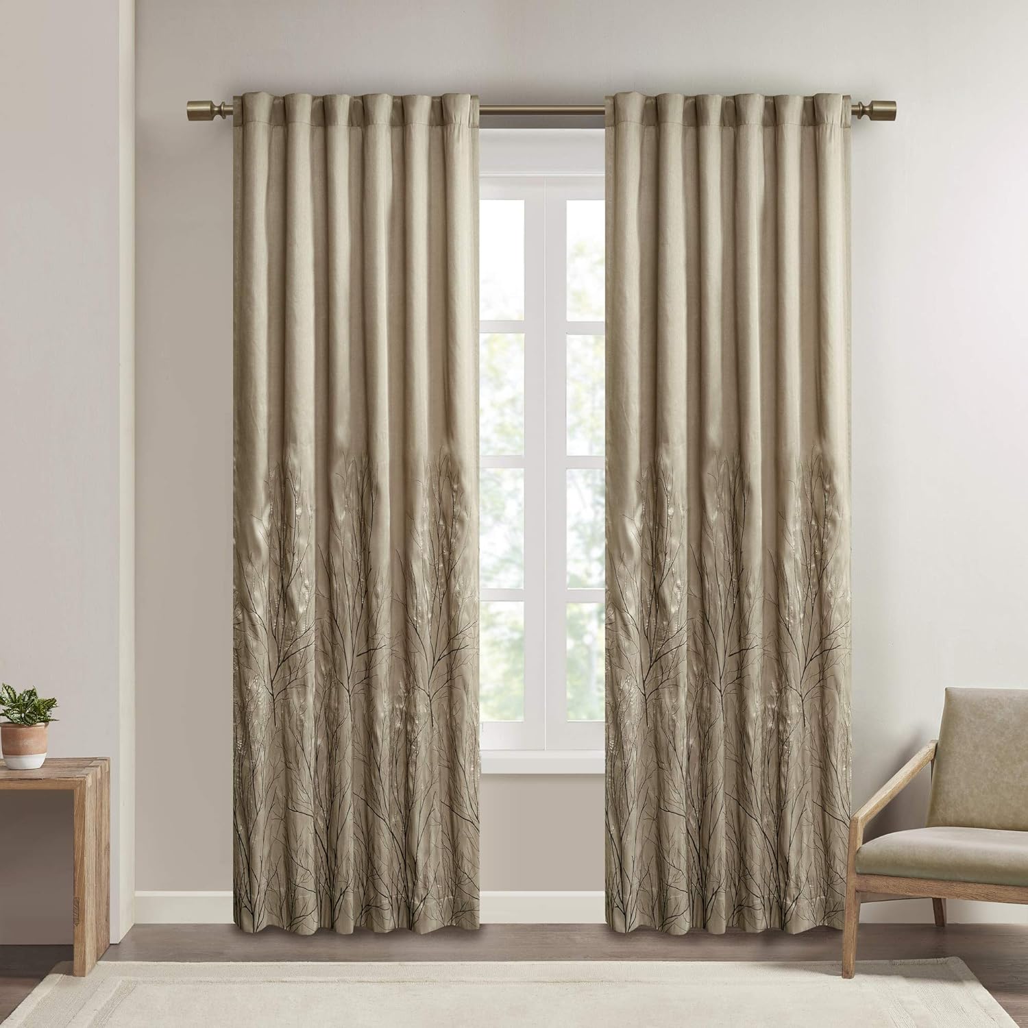 Madison Park Tan Curtains For Living Room , Transitional-Rod Pocket Light Curtains For Bedroom , Andora Embroidered Back Tab Fabric Window Curtains , 50