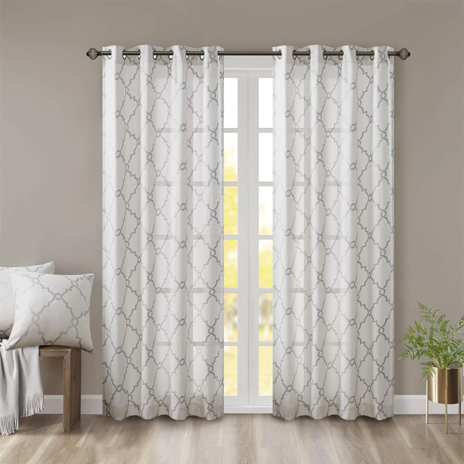 Madison Park Saratoga Single Window Curtain Light Filtering Fretwork Print 1 Panel Grommet Top Drape/Valance for Living Room Bedroom and Dorm, 84