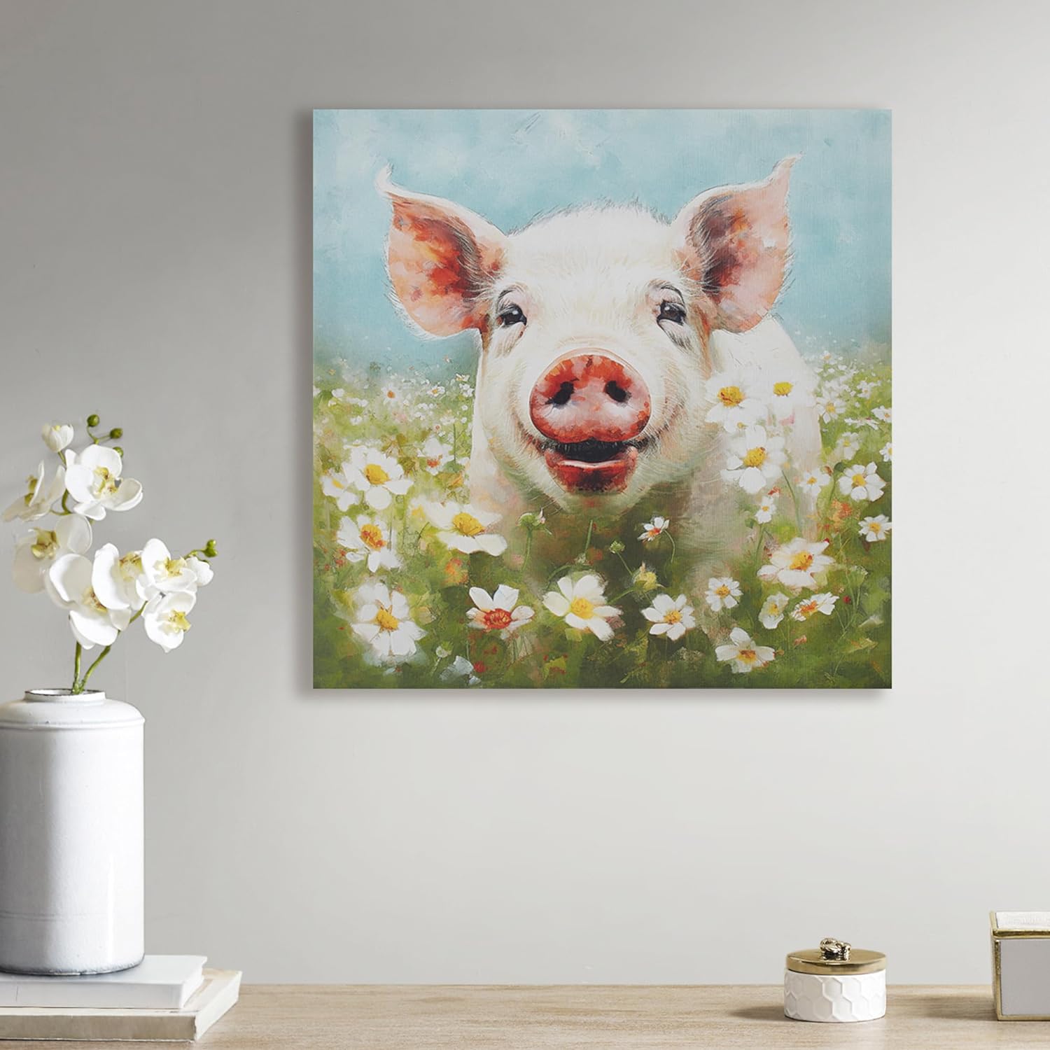 Madison Park Farm Animal Wall Art, Botanical Animal Canvas Wall Decor for Bedroom, Floral Printed And Stretched On Wooden Frame, Ready To Hang, Nursery, Living Room DÃÃÂ©cor - Pig Sunshine Animals