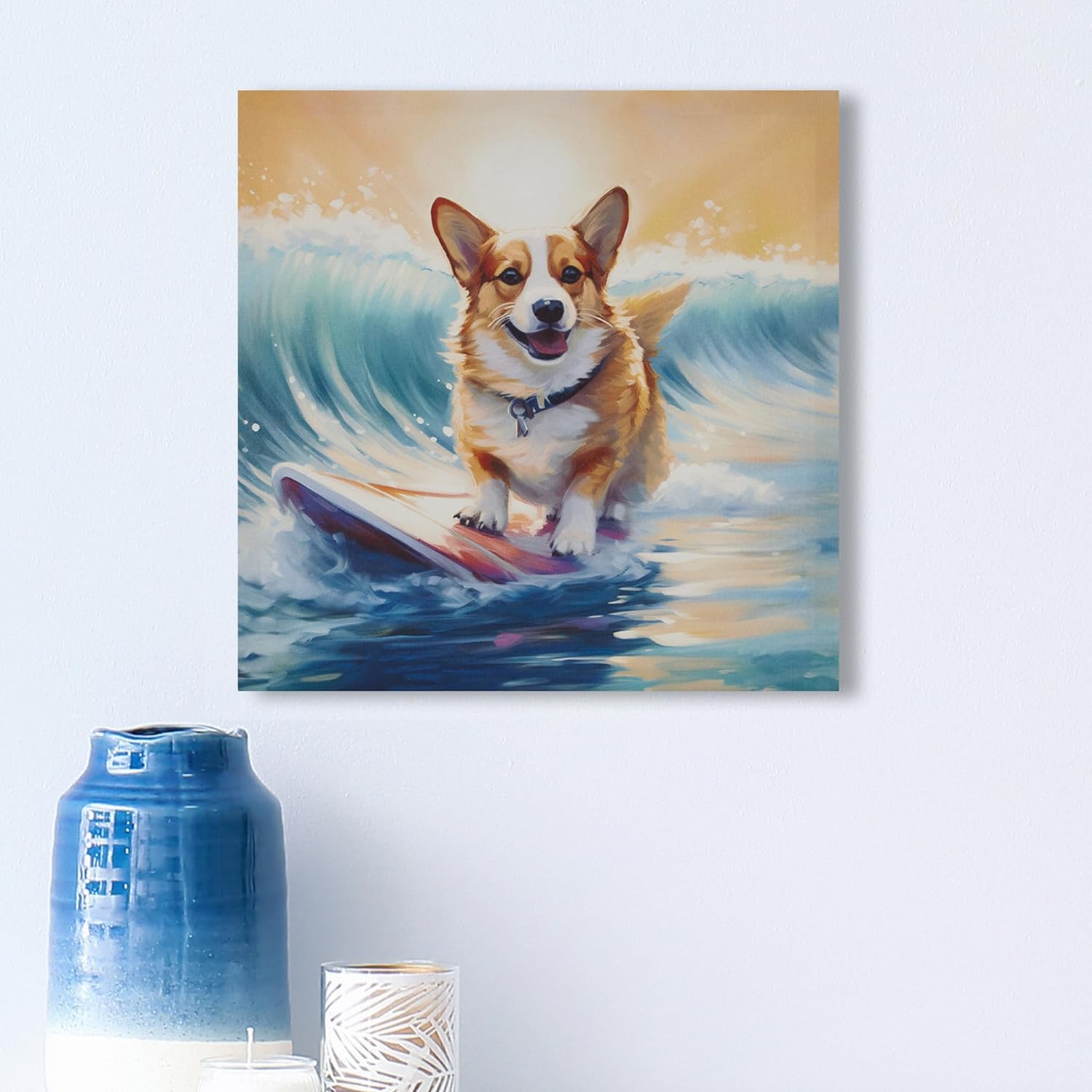 Madison Park Dog Wall Art, Funny Animal Canvas Wall Decor for Bedroom, Printed And Stretched On Wooden Frame, Ready To Hang, Ocean Waves, Nursery, Living Room DÃÃÂ©cor - Corgi Beach Dogs