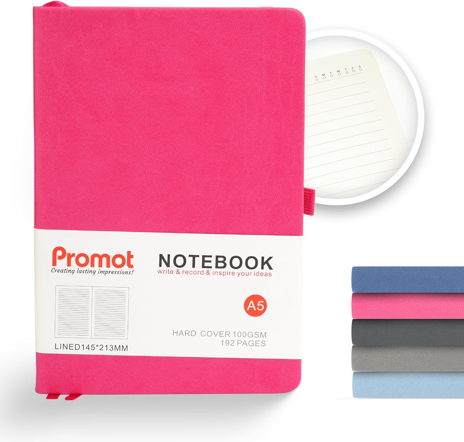 Promot Lined Journal Notebook - A5 Premium Writing Notebook, 192 Pages, Medium 5.5 x 8.2 Inches, 100 GSM Thick Paper, PU Leather, Pen Loop, Inner Pocket, Elastic Band - Pink Hardcover Notebook