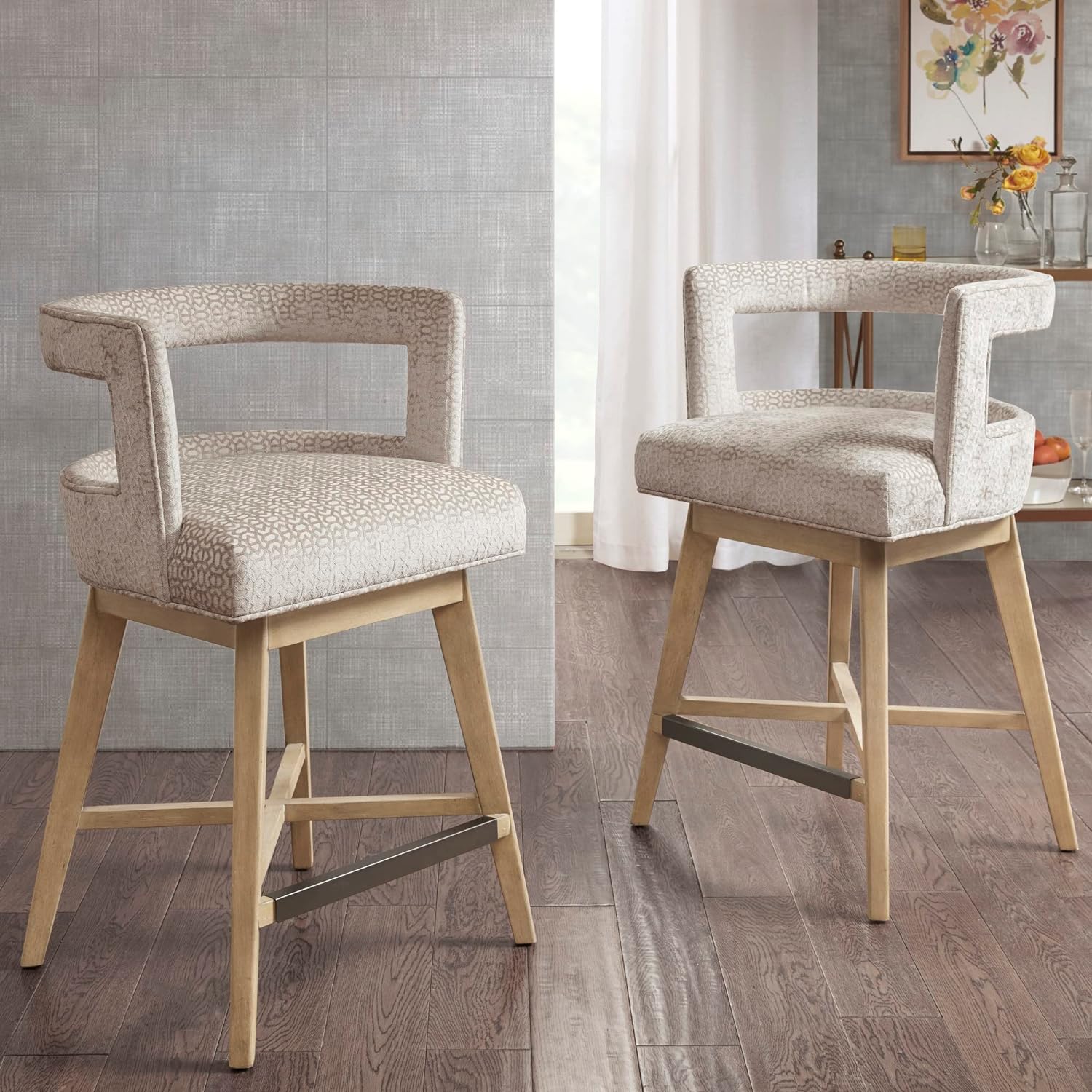 Madison Park Glenwood Upholstered Swivel Counter Stools, Height Kitchen Chair, Solid Wood, Bronze Metal Kickplate Footrest, Back Support, Pipped Fabric, Dining Room Accent Furniture, Cream