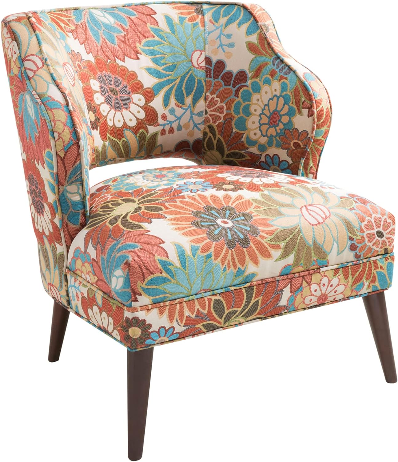 I fell in love with the floral print and pattern, and it goes well with my favorite color scheme. I love the unique low wing-back design. I appreciate how it was strategically planned and designed for easier shipping and assembly. Quality fabric and stitching...padded nicely. Over-all a very nice accent chair.