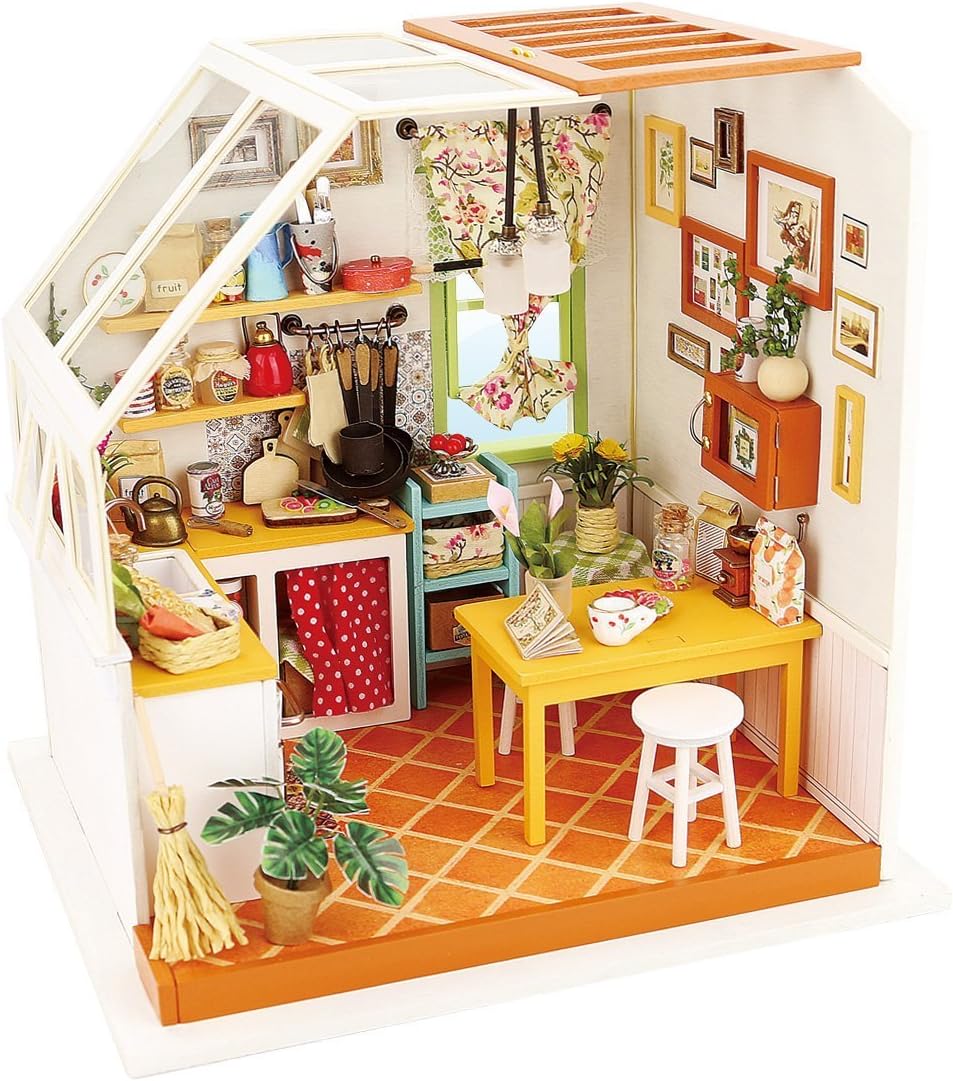 ROBOTIME Miniature House Kit DIY Mini Dollhouse with Furniture LED Light Model Craft Kitchen Assembly Toy Set Unique Gift