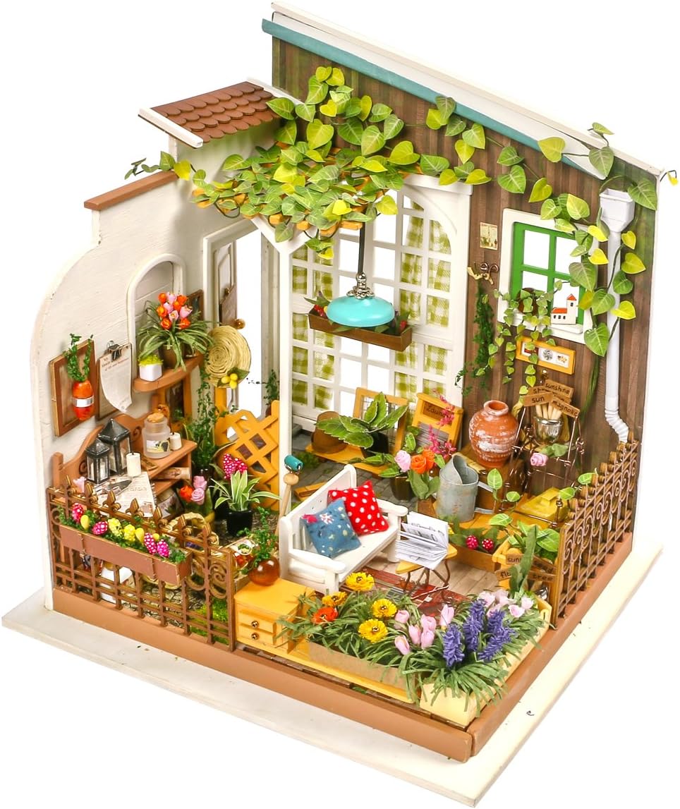ROBOTIME DIY Miniature Dollhouse Kit Garden House with Furniture Sets Best Birthday Gifts for Adults