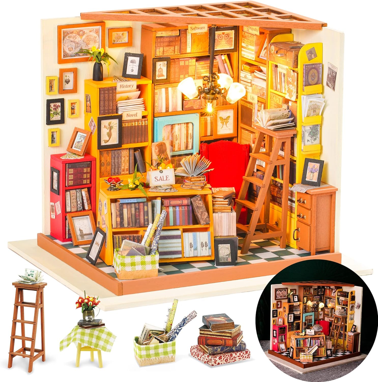 Rolife DIY Miniature House Kit Sam' Study, Tiny House Kit for Adults to Build, Mini House Making Kit with Furnitures, Halloween/Christmas Decorations/Gifts for Family and Friends (Sam' Bookstore)