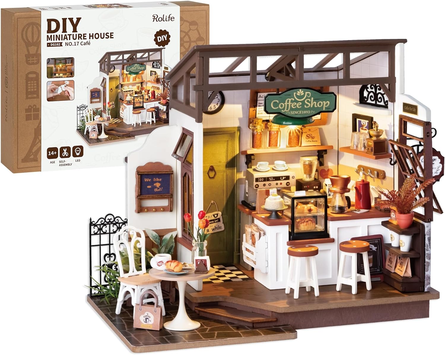 Rolife Coffee Shop Miniature Dollhouse Kit with LED Lights - DIY Crafts for Adults, Birthday Gifts and Hobbies