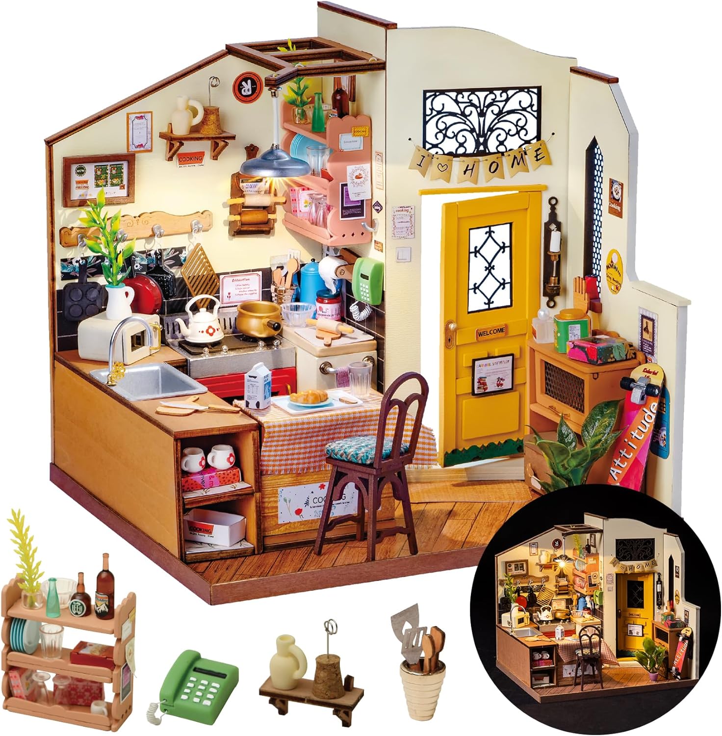 Rolife DIY Miniature Cozy Kitchen House Kit for Adults to Build, Tiny House Making Kit with Furnitures, Halloween/Christmas Decorations/Gifts for Family and Friends (Cozy Kitchen)