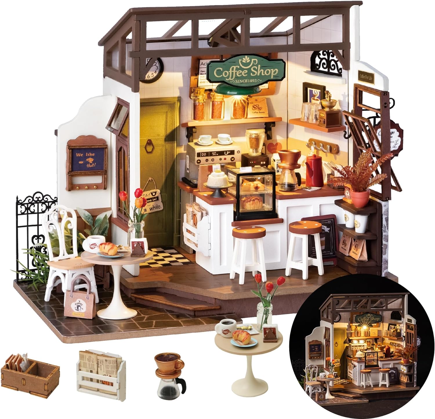 DIY Miniature House Kit Flavory Coffee Shop, Tiny House Kit for Adults to Build, Mini House Making Kit with Furnitures, Halloween/Christmas Decorations/Gifts for Family and Friends (NO.17 Caf)