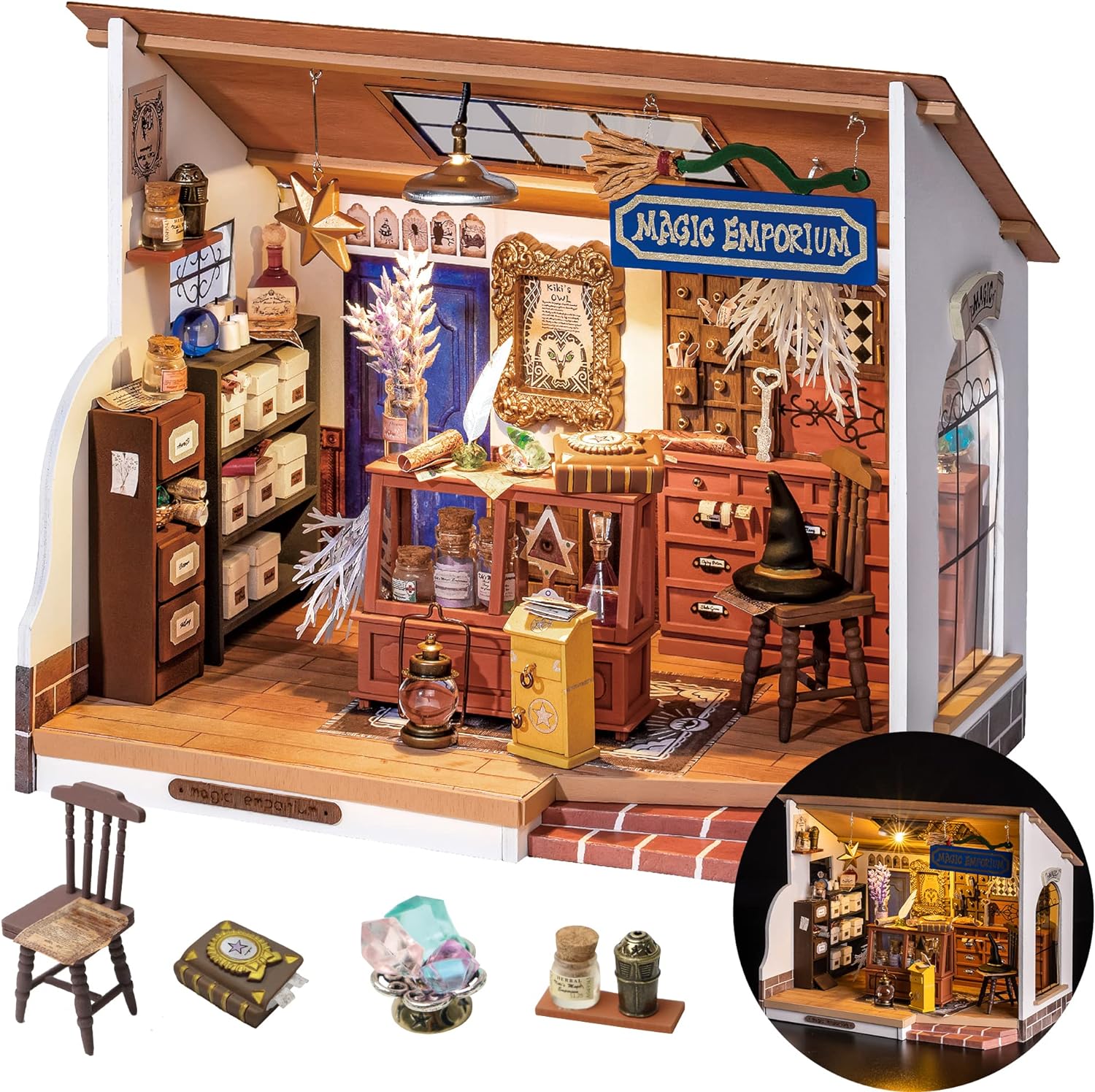 Rolife DIY Miniature House Kit Magic House, Tiny House Kit for Adult to Build, Mini House Making Kit with Furniture, Halloween/Christmas Decorations/Gifts for Family and Friends(Kiki' Magic Emporium)