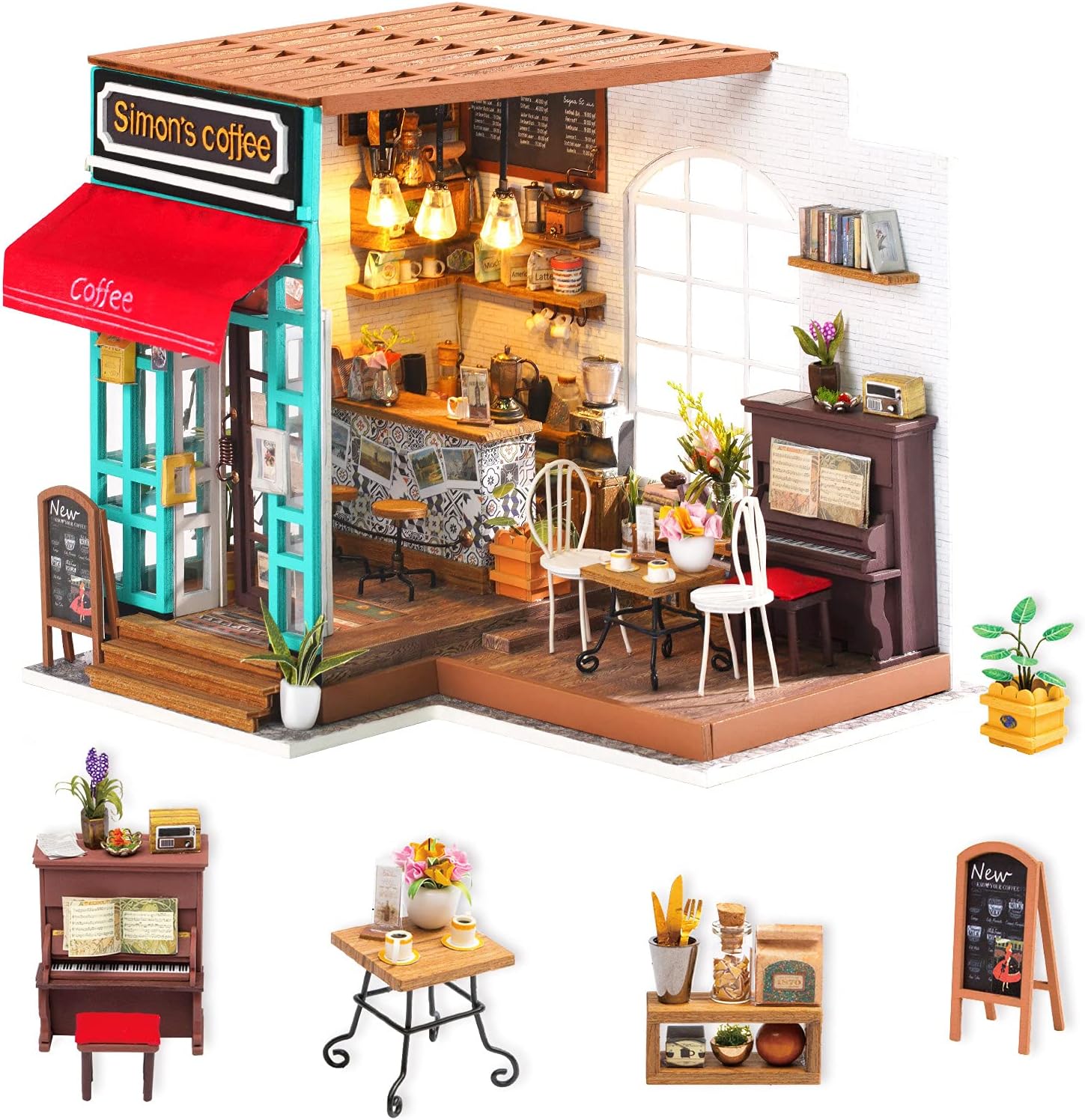 Rolife DIY Miniature Dollhouse Kit Coffee House Wooden Mini House Crafts DIY Model Kits Christmas Birthday Gifts for Boys Girls Women Friends (Simon' Coffee)