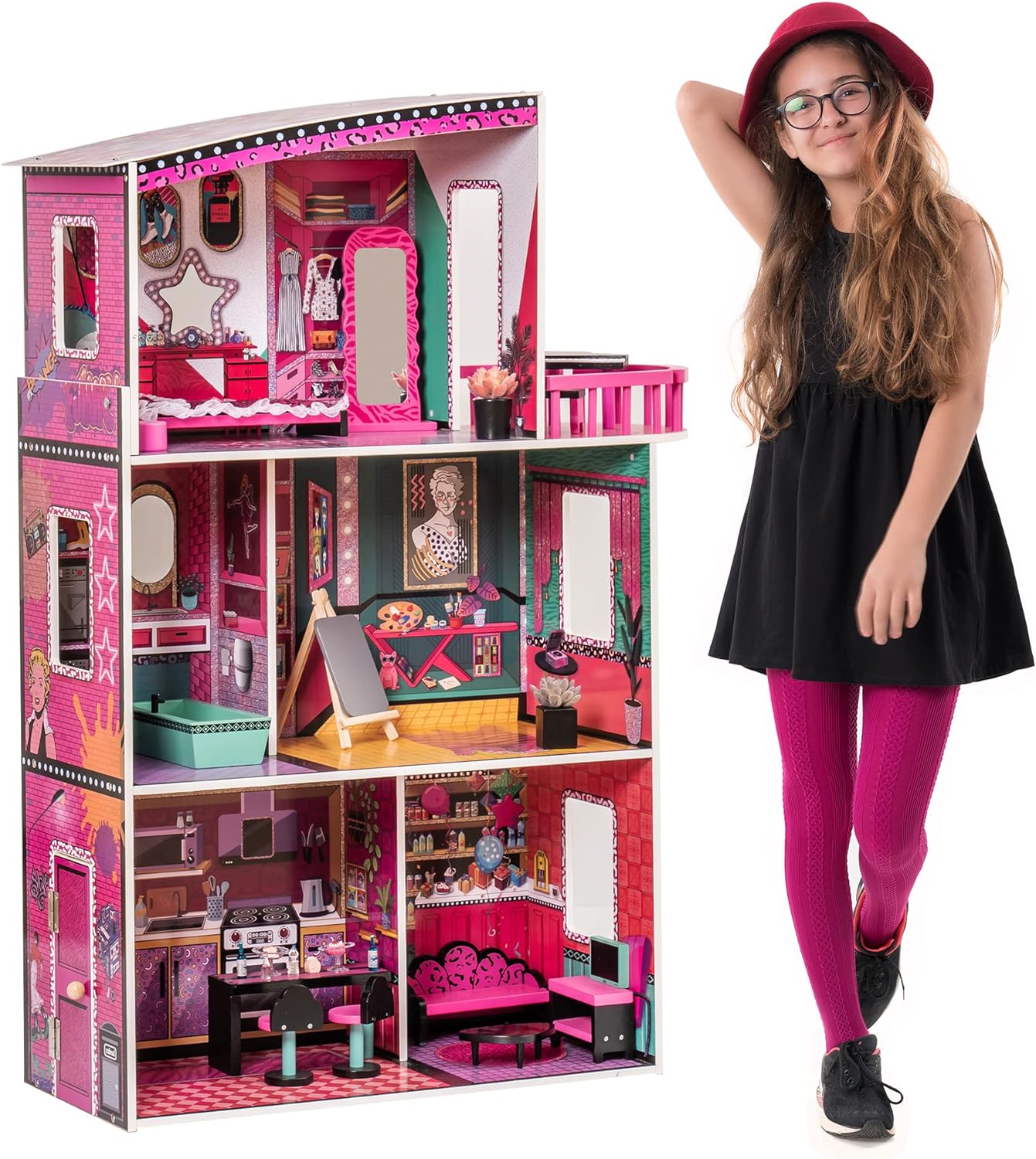 ROBOTIME Doll House, Wooden Dollhouse Large (43.3 Tall) with Dollhouse Furniture, Gifts for 3+ Year Old, Pink