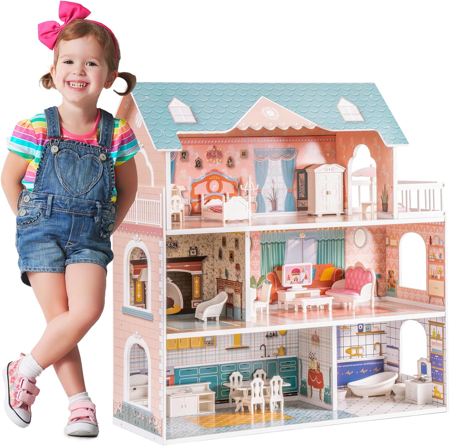 ROBOTIME Doll House Wooden Dollhouse for Kids 3 4 5 6 Years Old, Doll House w/28PCS Furniture Plastic, for 3.3Dolls, Birthday Presents for Toddler 3+