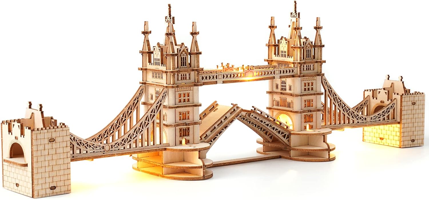 ROBOTIME 3D Puzzle Wooden Craft Kits with LED Light DIY Tower Bridge Construction Model Kit to Build for Teens Brain Teaser Puzzle Home Decor Birthday Gifts