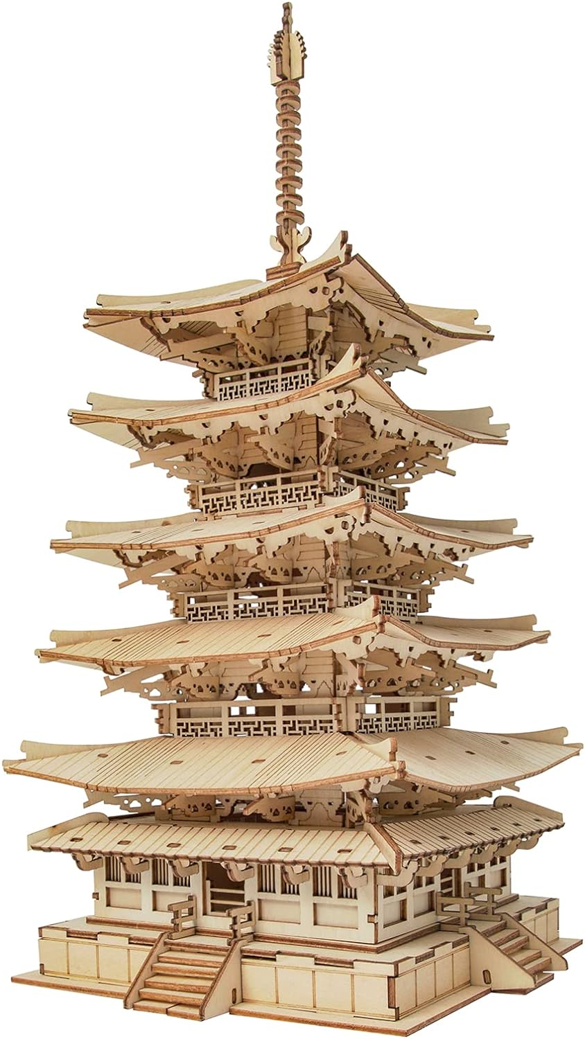 ROBOTIME 3D Puzzle Wooden Craft Kits for Adults DIY Model Building Kit Best Gift for Kids (Five-Storied Pagoda)