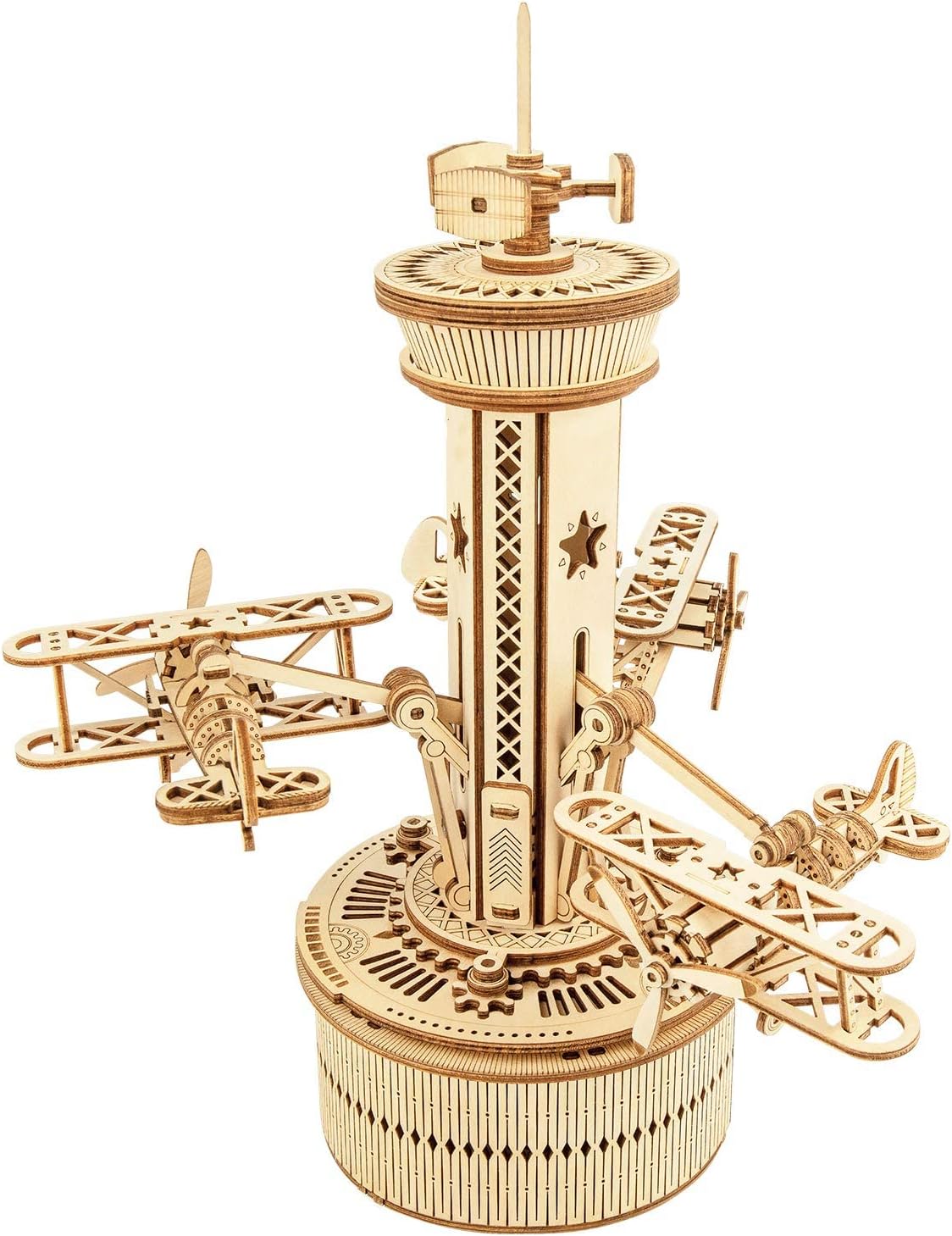 ROBOTIME 3D Wooden Puzzles for Adults DIY Musical Box Model Kit to Build Self-Assembly Building Kit Airplane-Control Tower