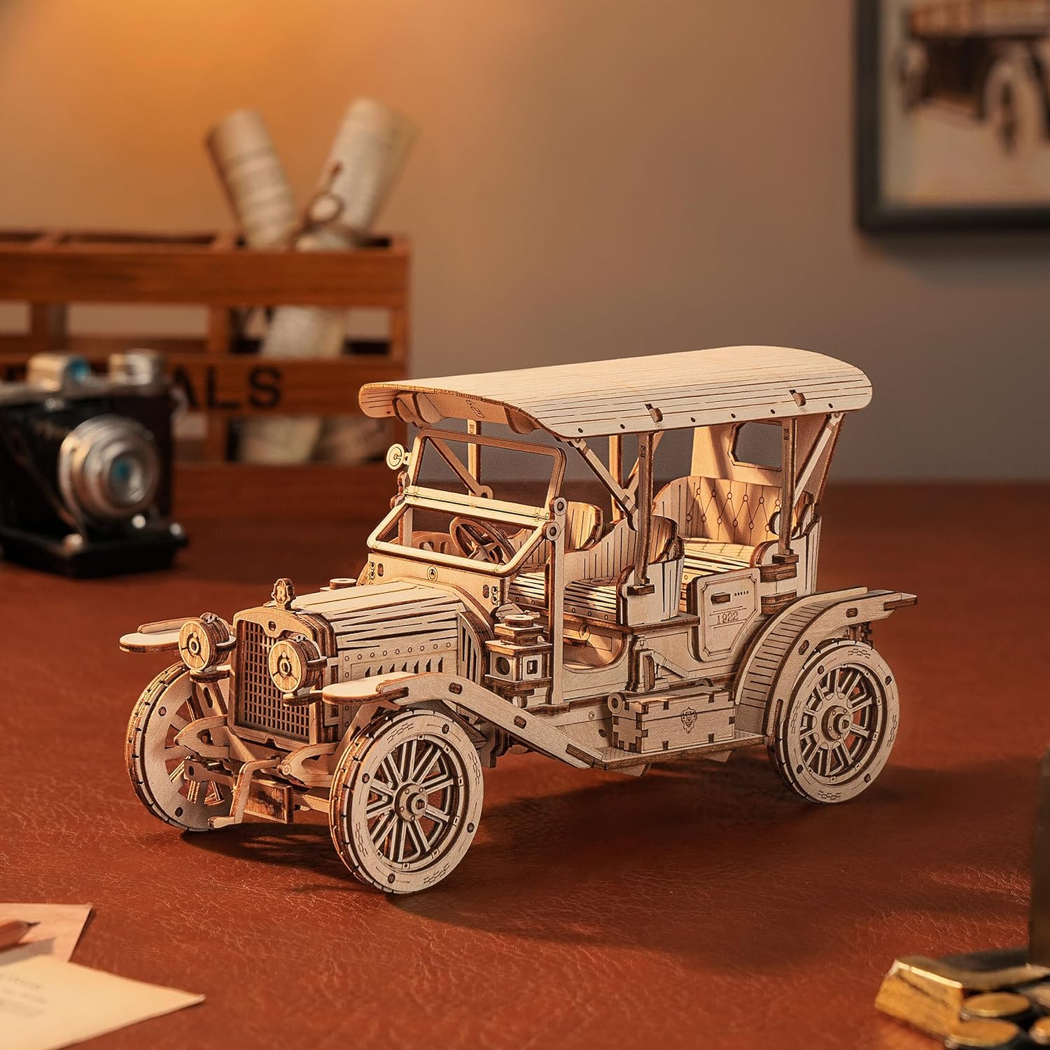 ROBOTIME MC801 Vintage Car 3D Puzzle, 3D Wooden Puzzle Retro Car Model Kits to Build for Adults, Gift for Antique Car Lovers Aesthetic Home Decor