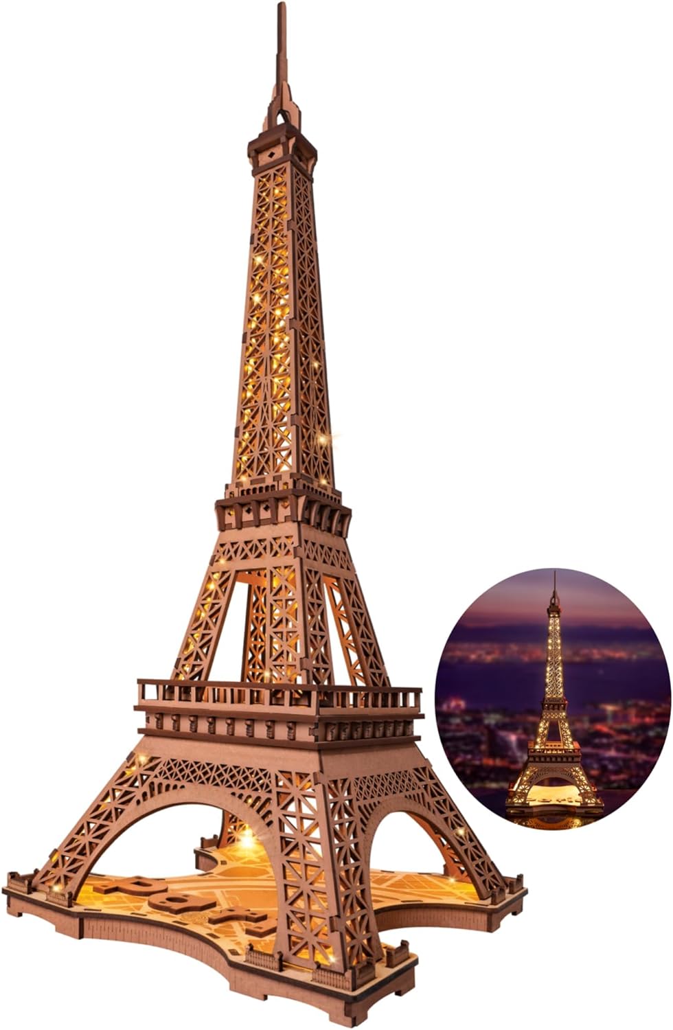 ROBOTIME 3D Puzzle for Adults DIY Model Building Kit with LED Light Wooden Eiffel Tower Craft Kit Architecture Toy Set Brain Teaser Gifts for Kids Teens